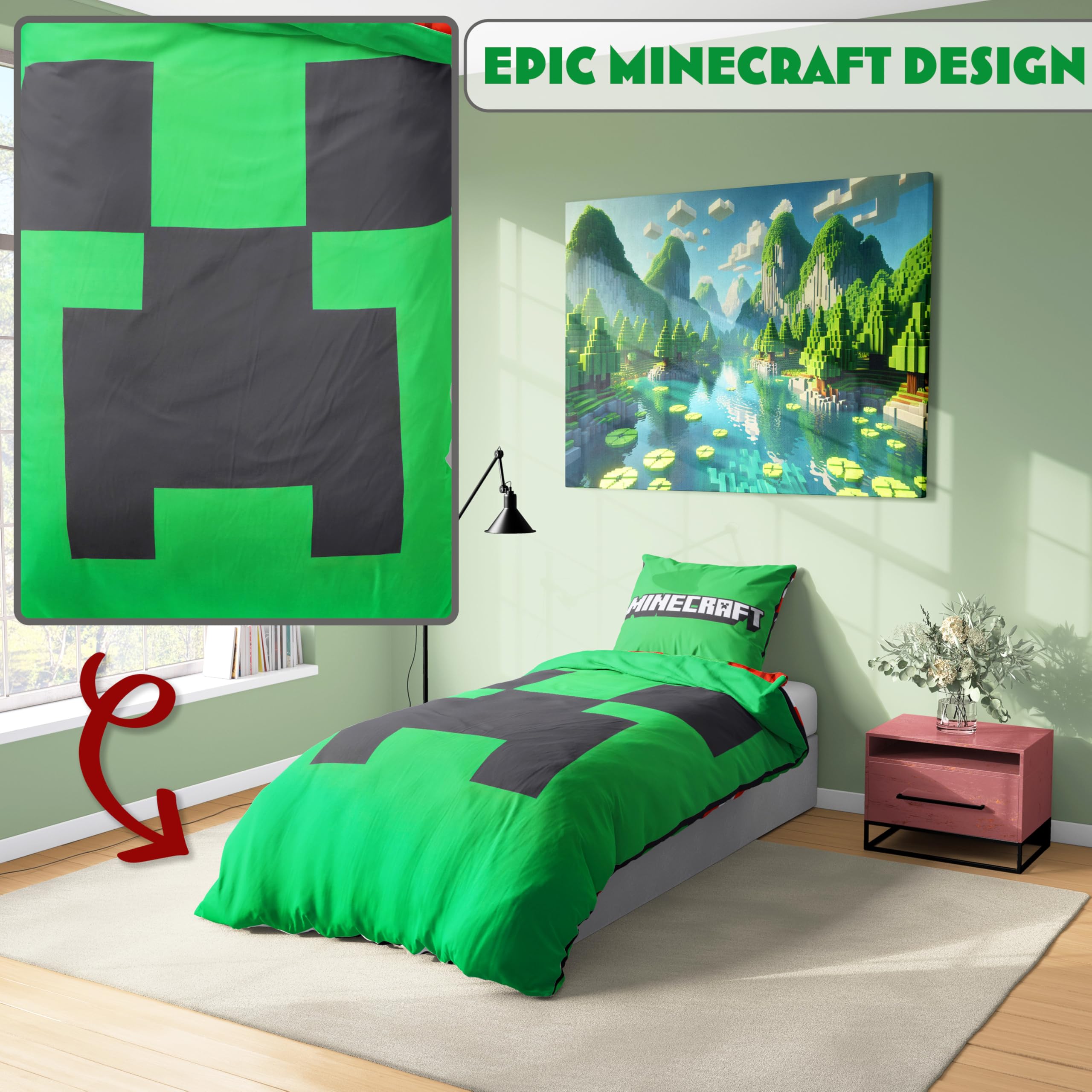 Get Trend Minecraft Pojedynczy zestaw poszewek na kołdrę dla dzieci i nastolatków, dwustronna pościel i poszewka na poduszkę dla chłopców i dziewcząt, akcesoria do sypialni, prezenty anime dla