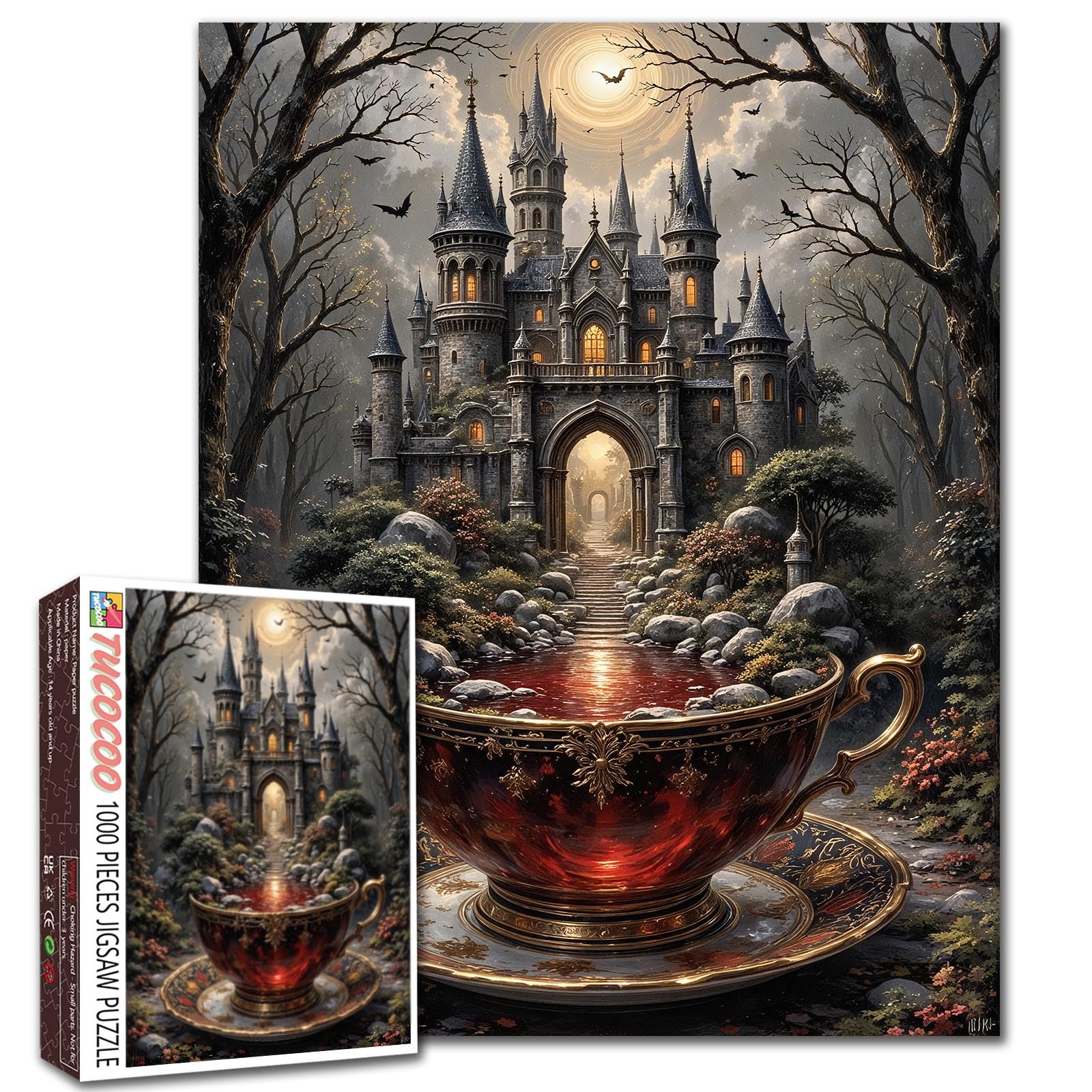 Dark Gothic Teacup 1000 Piece Jigsaw Puzzles for Adults Fantasy Castle Puzzles Bat Moon Dead Tree Puzzle for Home Decoration Gifts Family Puzzle Perfect for Game Nights 19.7" x 27.6 "