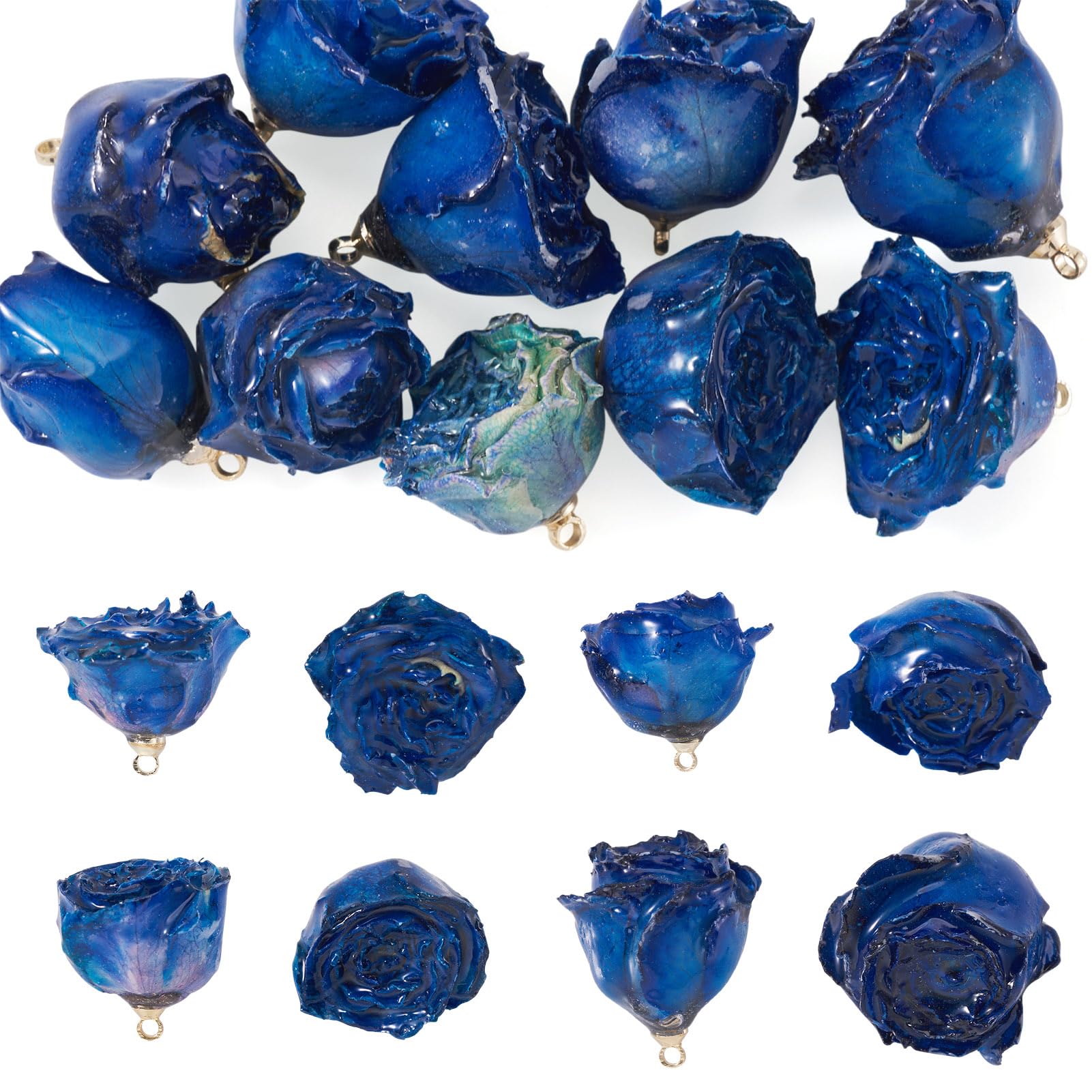 Spritewelry 10 Pcs Rose Charm Natural Dried Flower Pendant Plastic Rose Hang Ornament for DIY Valentines Earring Necklace Jewelry Making Decoration (Blue)