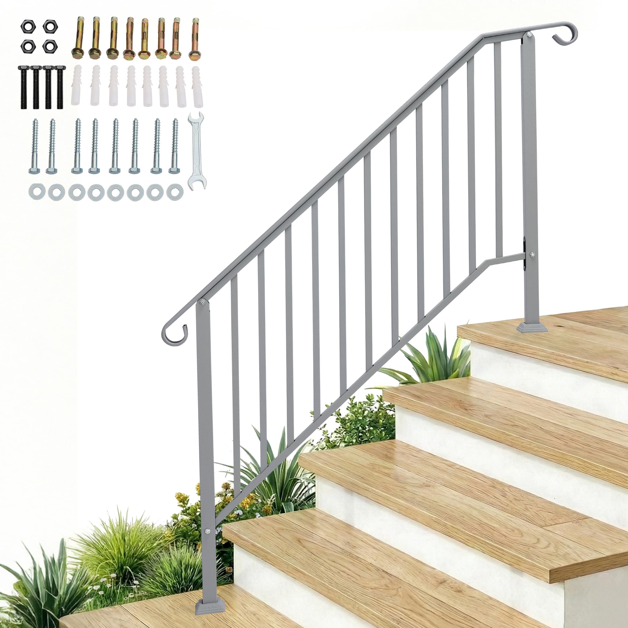 Outopee Handrails for Outdoor Steps, Galvanized Iron Exterior Handrail, Fit 4 or 5 Steps Stair Railing, Banister with Installation Kit for Stairs, Garden, House Entrance, Backyard, Sliver