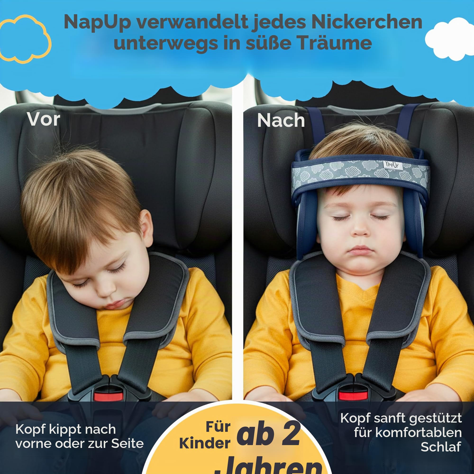 NAPUP Kinderkopfstütze für Autositze – Kopf- und Nackenkissen für nach vorne gerichtete Autositze, hohe Rückenlehnen, Dunkelblau