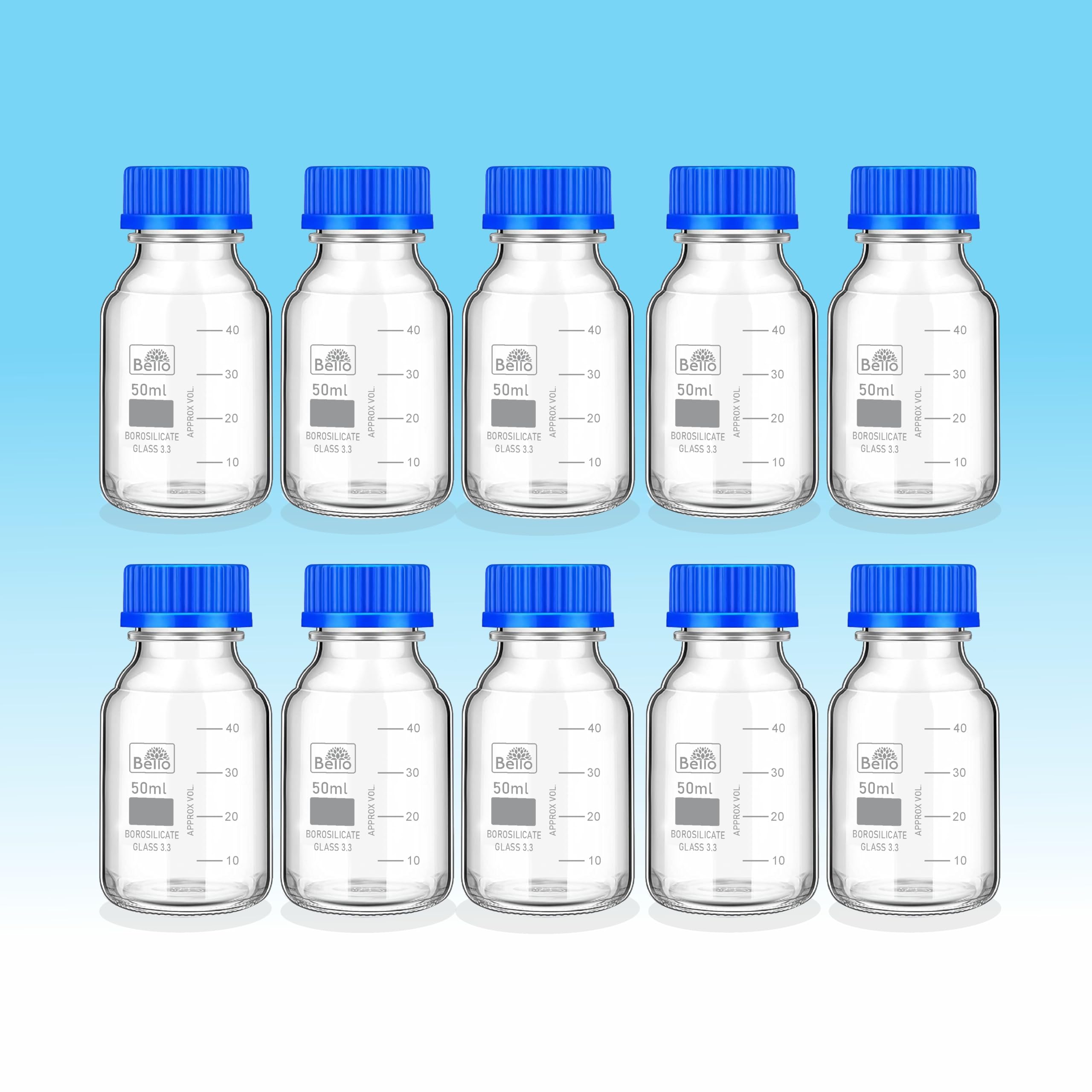 Bello Scientific Borosilicate 3.3 glass Reagent Bottle 50ml with leak proof Blue Screw Cap pack of 10 for glassware wide mouth chemical bottles for lab, laboratory, kitchen and professional use-image-43