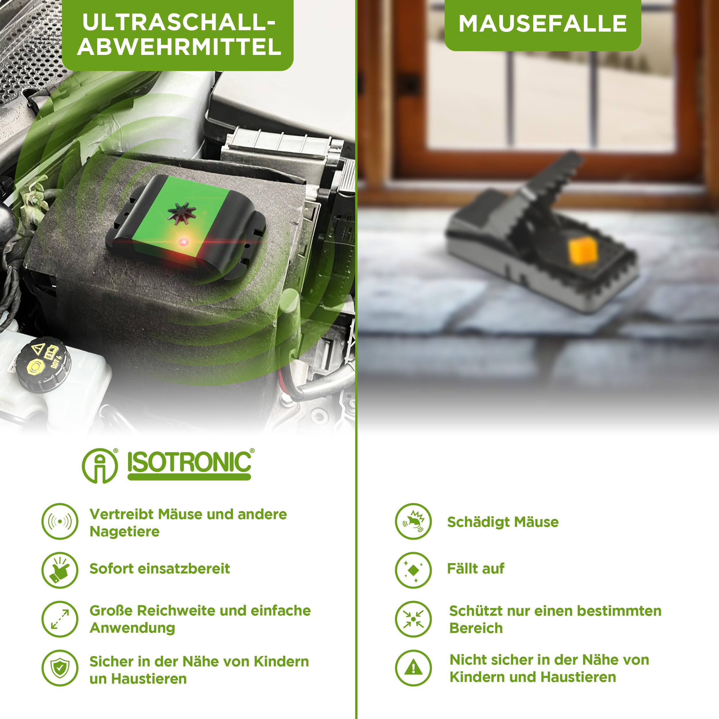 ISOTRONIC Marderschreck Auto – Batteriebetriebene Marderabwehr mit Vibrationssensor & Ultraschall – Marderschutz für Auto, Dachboden & Garage – Anti Marder Abwehr mit 40m² Wirkungsbereich (1 Stück)