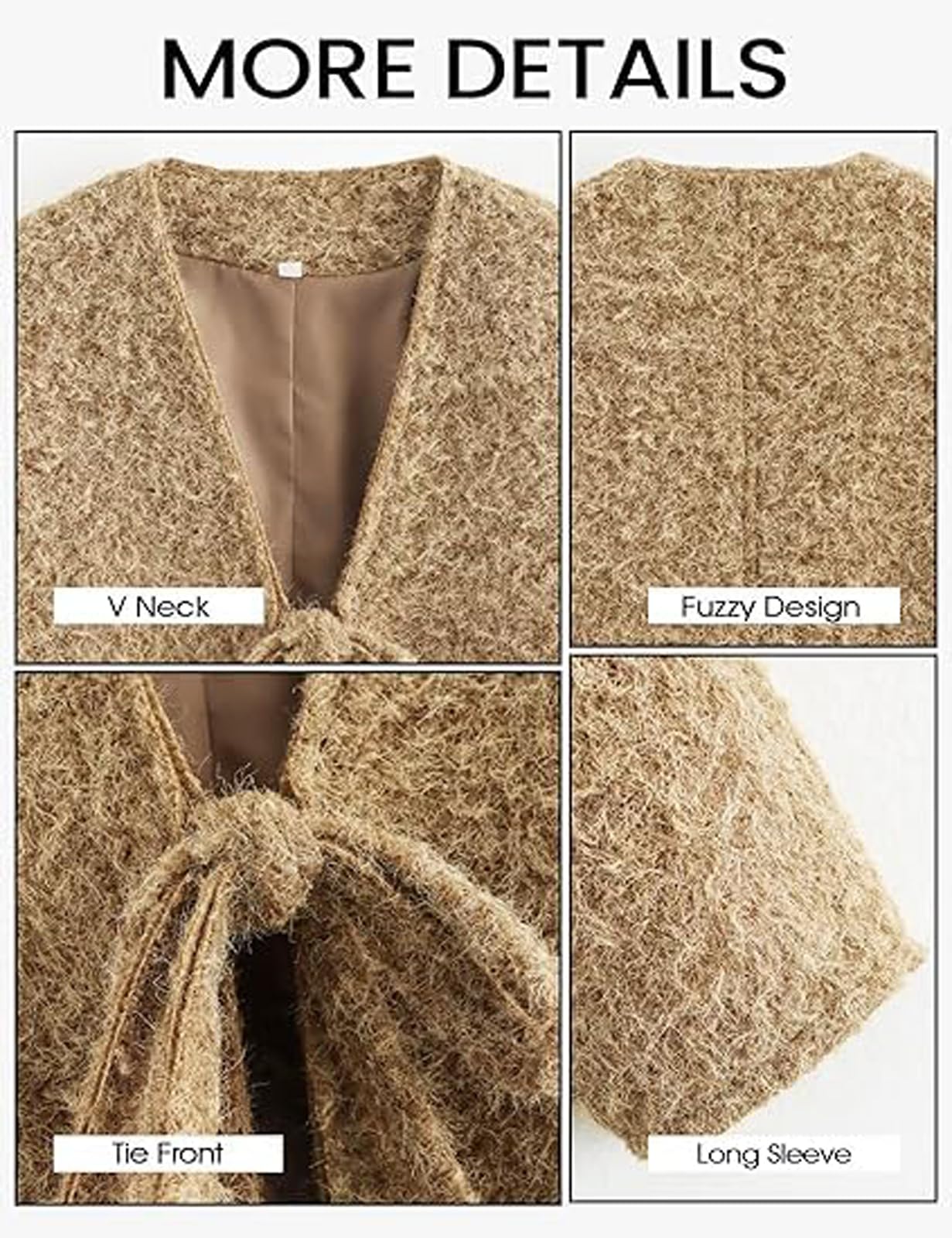 LXURY Chaqueta tipo cárdigan afelpada para mujer, abrigo cálido de gran tamaño con lazo y cuello en V, ropa de abrigo informal holgada de manga larga para otoño e invierno