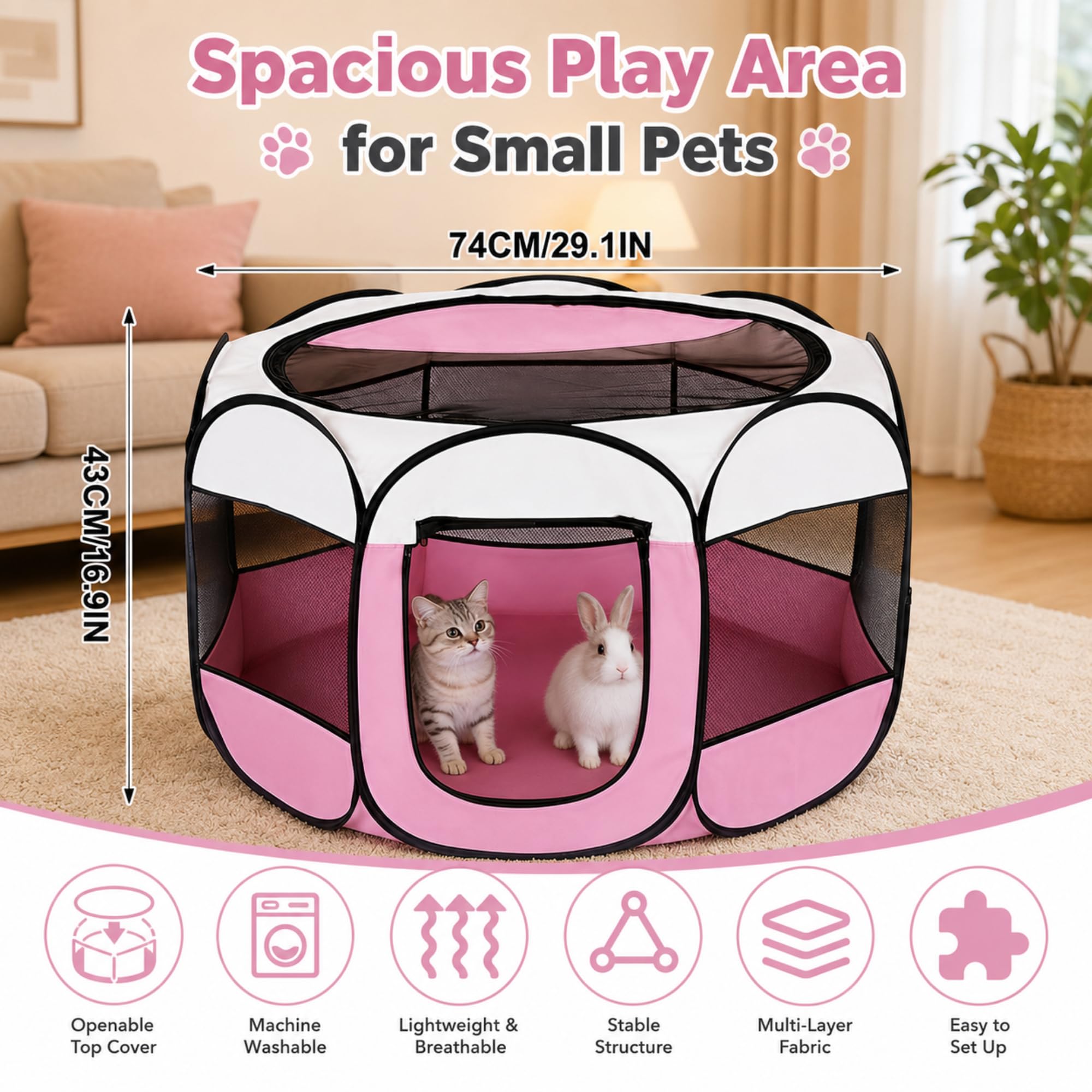 Recinto pieghevole per cuccioli, 74 x 74 x 43 cm, per la casa, box pieghevole per cani, gatti, conigli, interni ed esterni (rosa)