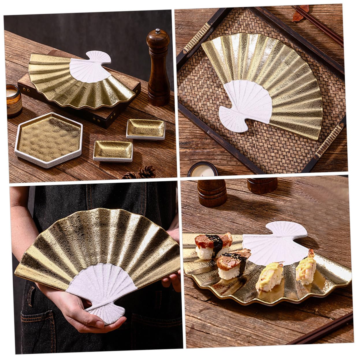 VALICLUD Plateau de Service Facile à Nettoyer Japonerie Forme Éventail en Céramique Design Élégant pour Sushis et Sashimis pour Restaurants et Hôtels
