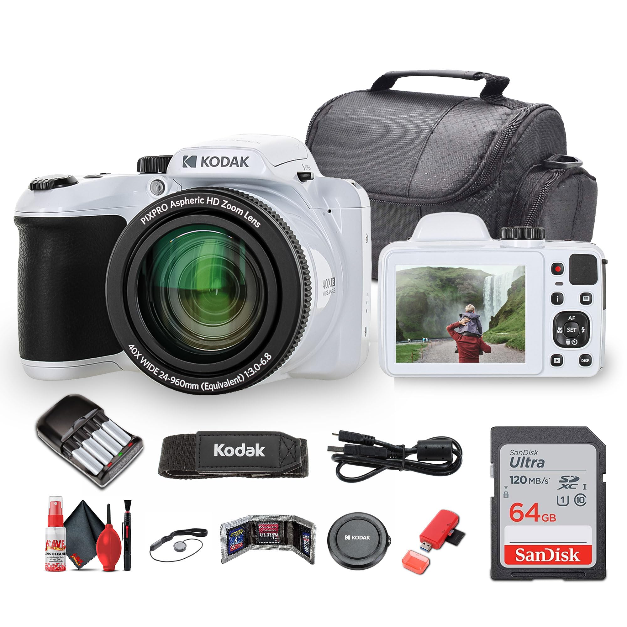 Kodak Pixpro AZ405 Digital Camera (AZ405WH) Bundle Including: 64 GB Memory Card, Rechargeable Batteries, Case, Neck Strap, Lens Caps, Full Cleaning