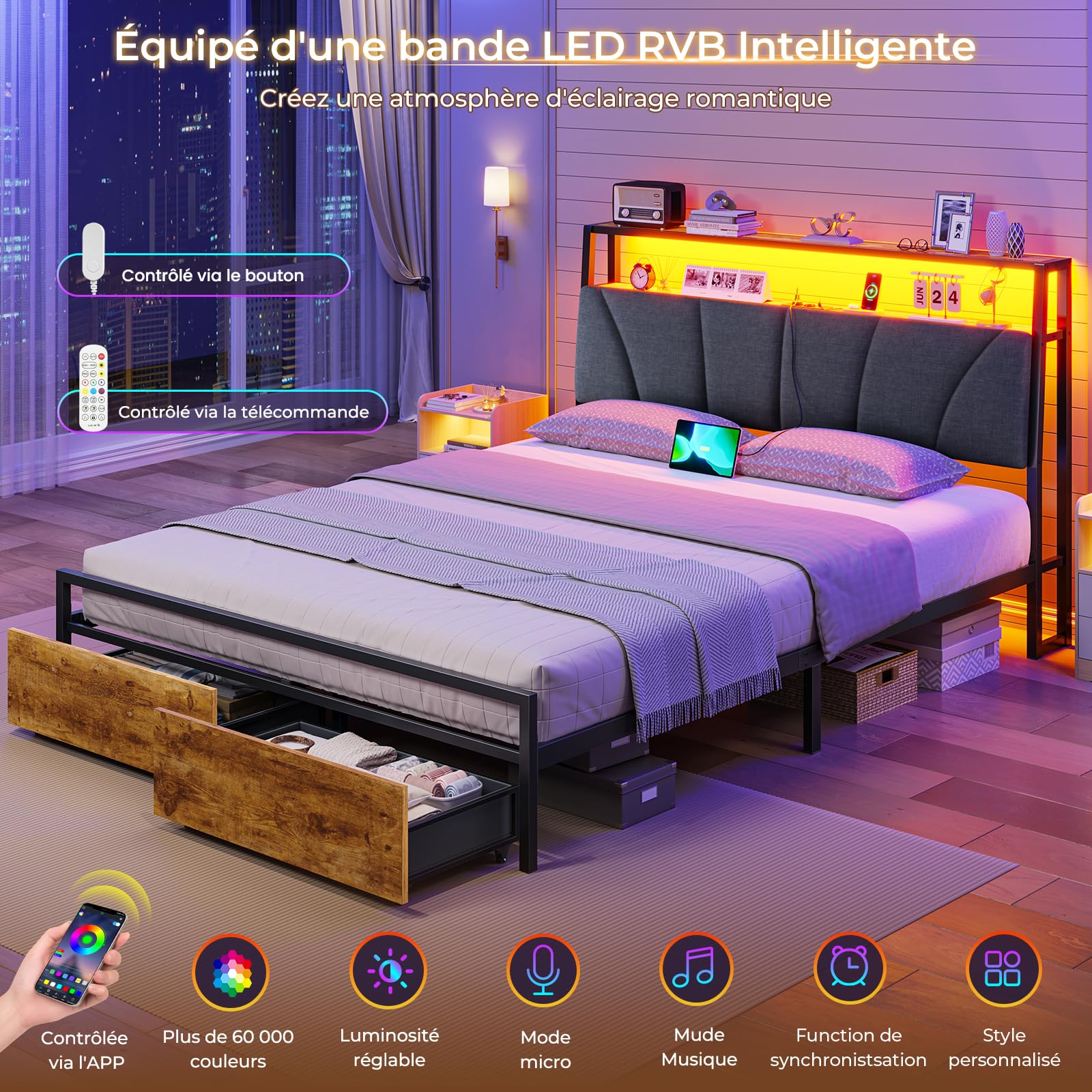 Brinlawb Cadre de Lit 140 x 190 avec Sommier en Métal, Lit 2 Personnes avec Lumières LED et Multiprise (2 Prises AC, 2 Ports USB-A) lit Double 140x190 cm avec 2 Tiroirs, Facile à Assembler, Gris