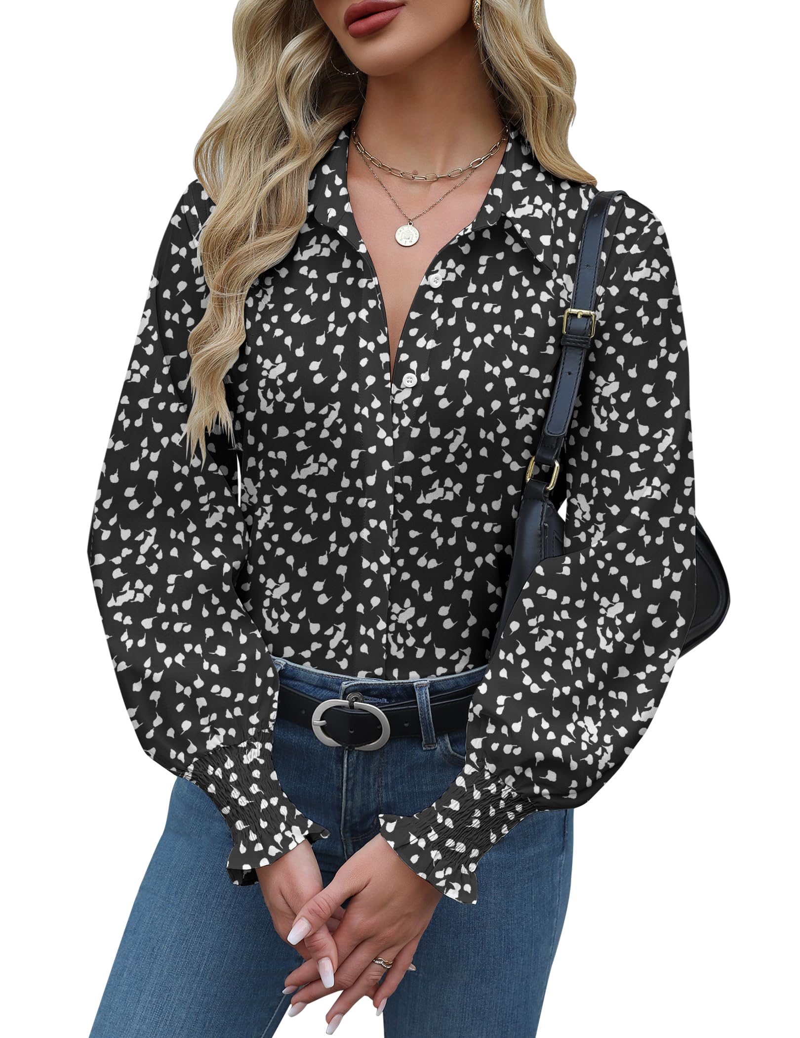 Womens Button Down Shirts Smocked Cuffed Blouses Printed Lantern Shirt Long Sleeve Tops Casual Collar Business Fashion