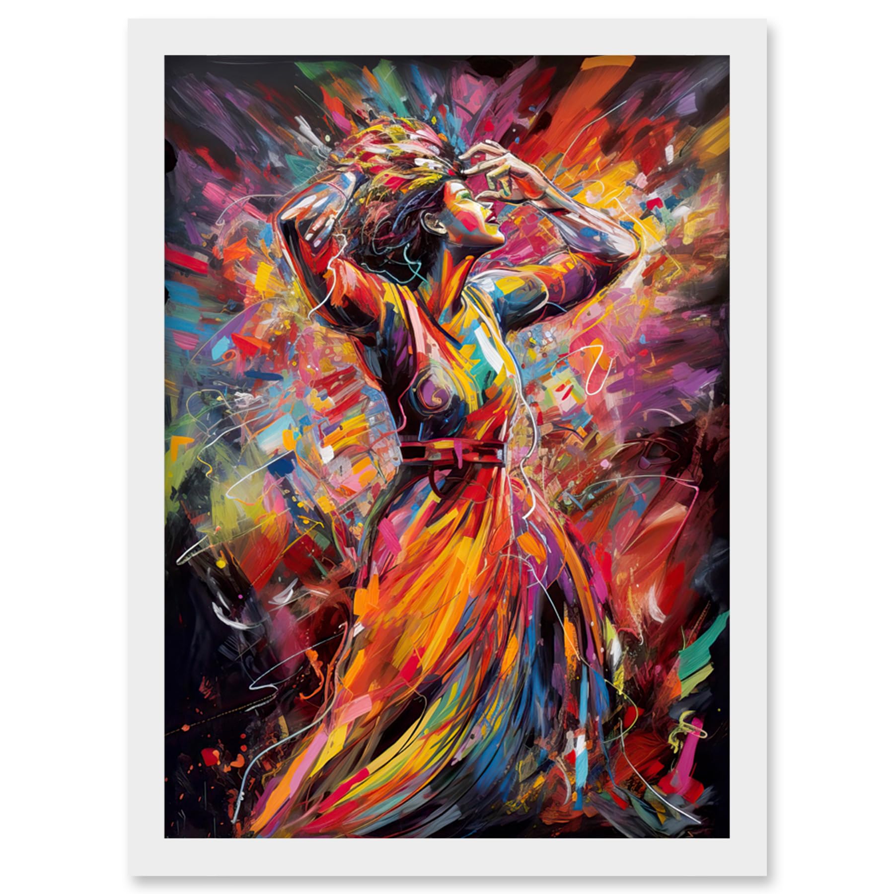 Artery8 Happy Woman Dancing to Music Modern Vibrant Colour Artwork Framed Wall Art Print A4