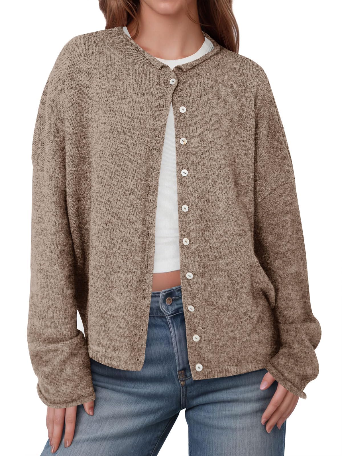Saodimallsu Damen Kurz Strickjacke Langarm Leicht Rundhals Cardigan Sommer Sweater Weich Einfarbig mit Knöpfe