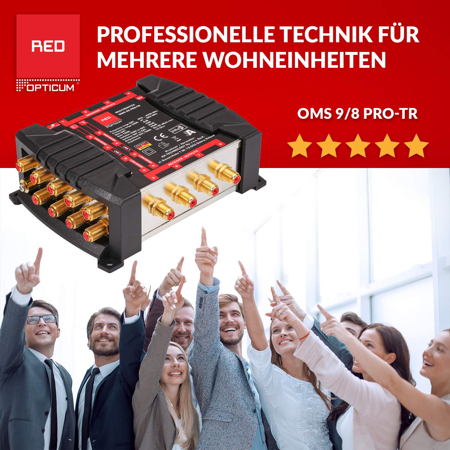 RED OPTICUM OMS 9/8 Pro TR - Conmutador múltiple para la recepción de Dos Posiciones de satélite a hasta 8 participantes, contactos Dorados, 4K, 3D, UHD, Apto para LNB Quattro y terrestre Regulable