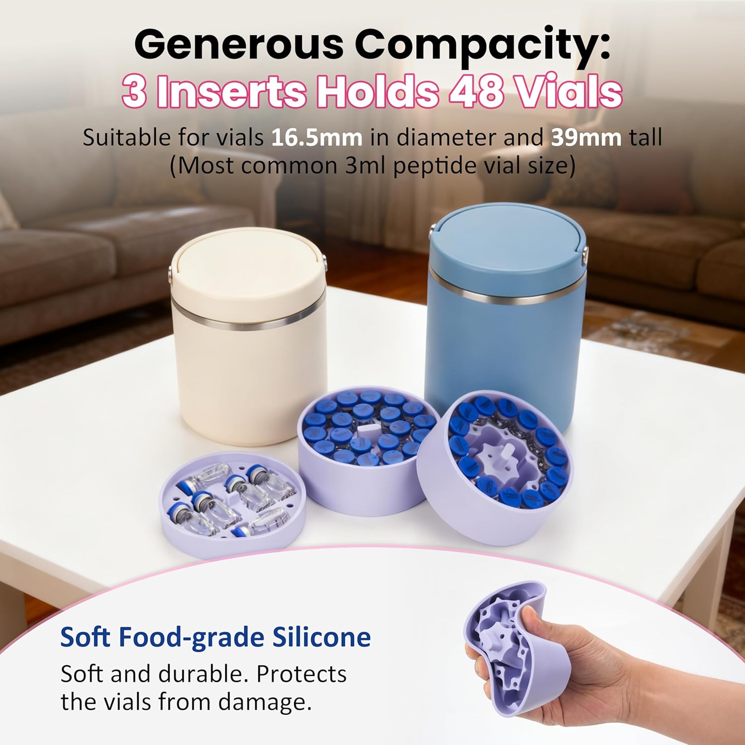 Silicone 3ml Vial Insert Set Compatible with 32/25/18oz Hydrapeak Food Jar, Insert Peptide Storage for 3ml Vial (16.5×39mm), Freezer/Fridge/Travel Ready (No Thermos/Vials, Purple, 1 Short +2 Tall) - Image 3