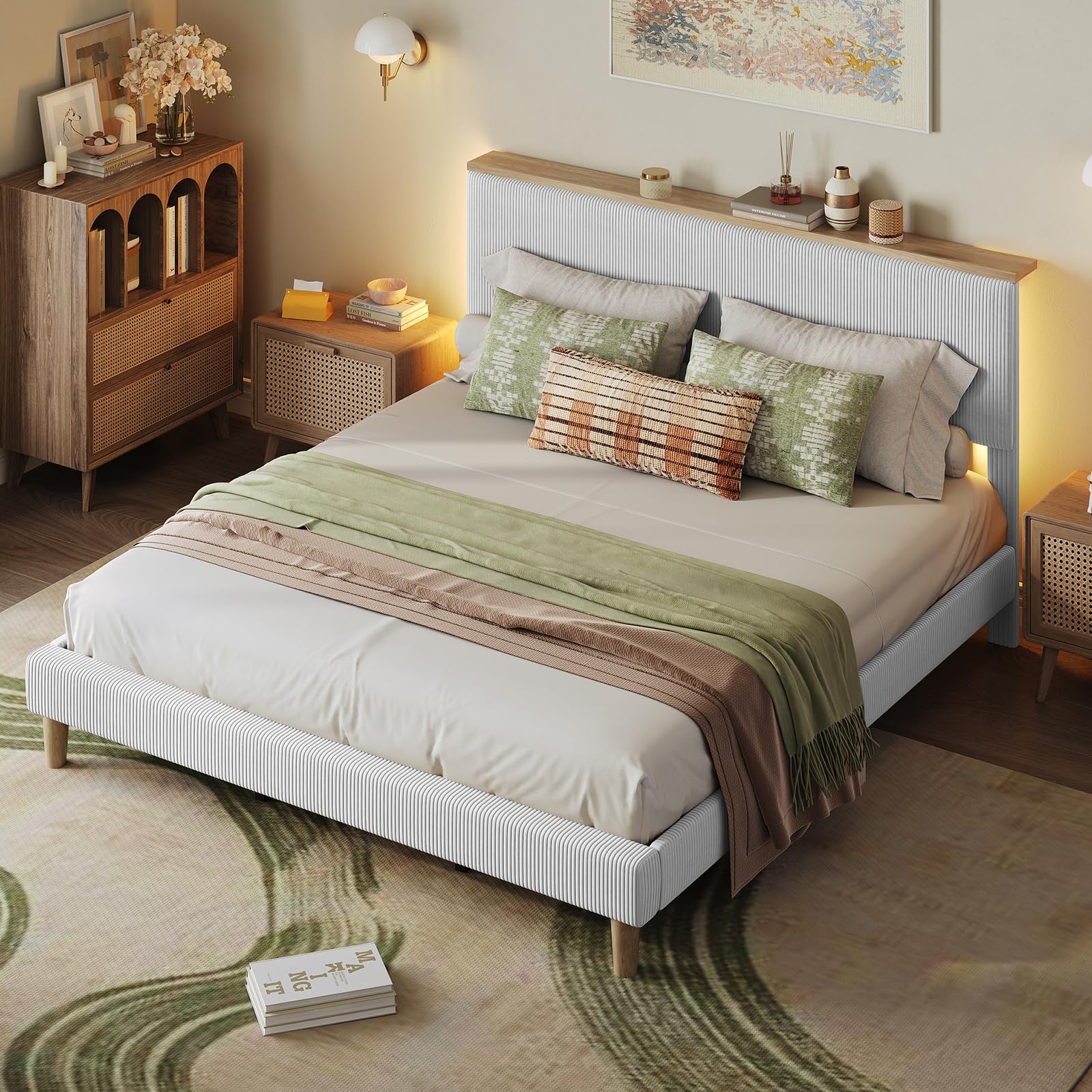 Bestier King Bed Frame with Storage Headboard & LED, Light Grey | Upholstered Pl - product photo
