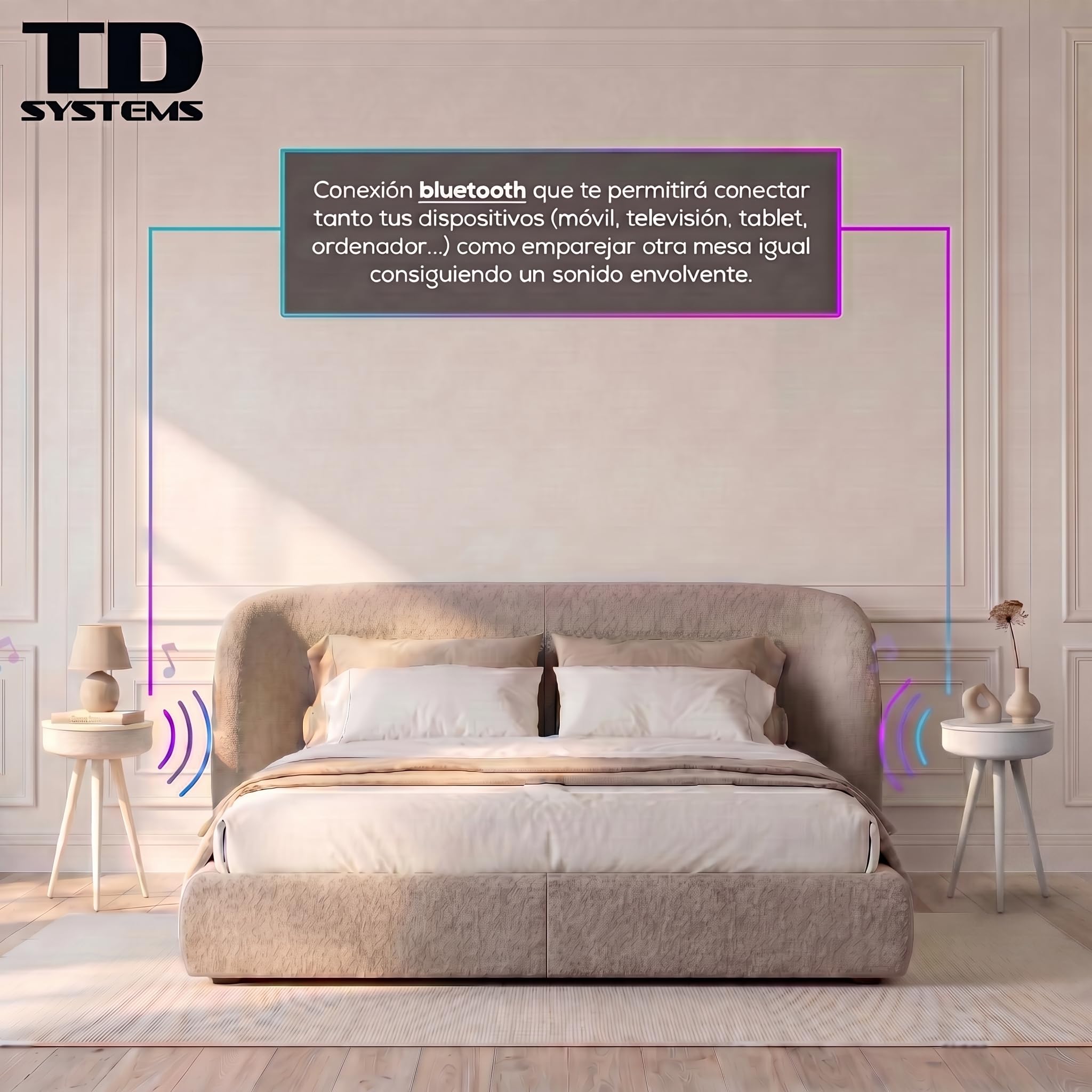 TD Systems - Mesilla Altavoz Bluetooth 30W con Carga Inalámbrica y USB, Mesa Auxiliar con Altavoz Integrado, Batería Recargable, Madera y Lacado Blanco para Salón y Dormitorio | SM30B11WB