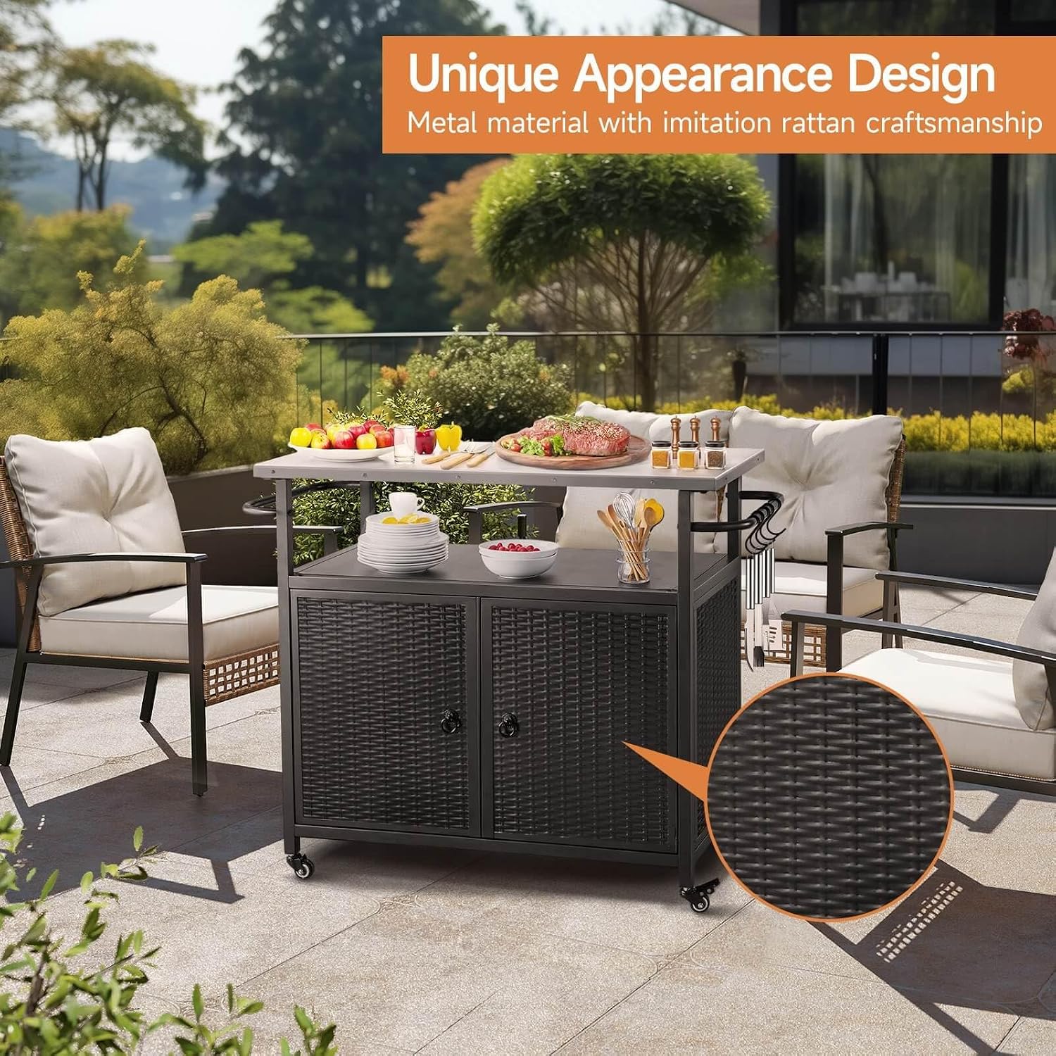 Outdoor Grill Cart with Storage, Outdoor Bar Cart with Wheels, Kitchen Island Cart with Stainless Steel Top for BBQ, Patio, Backyard