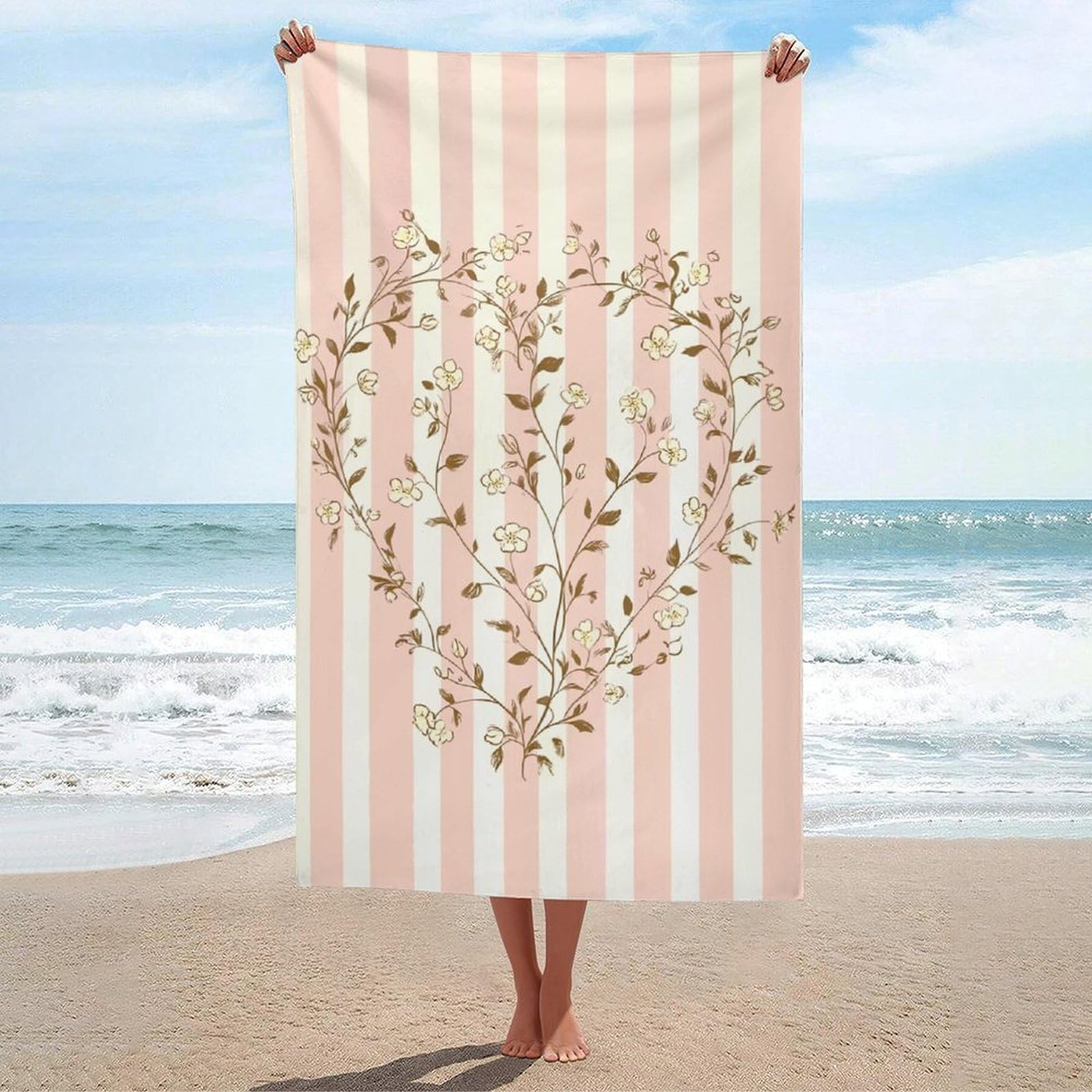 asbwuo Flower Vine Heart-Shaped Wreath Pink Stripes Beach Towel