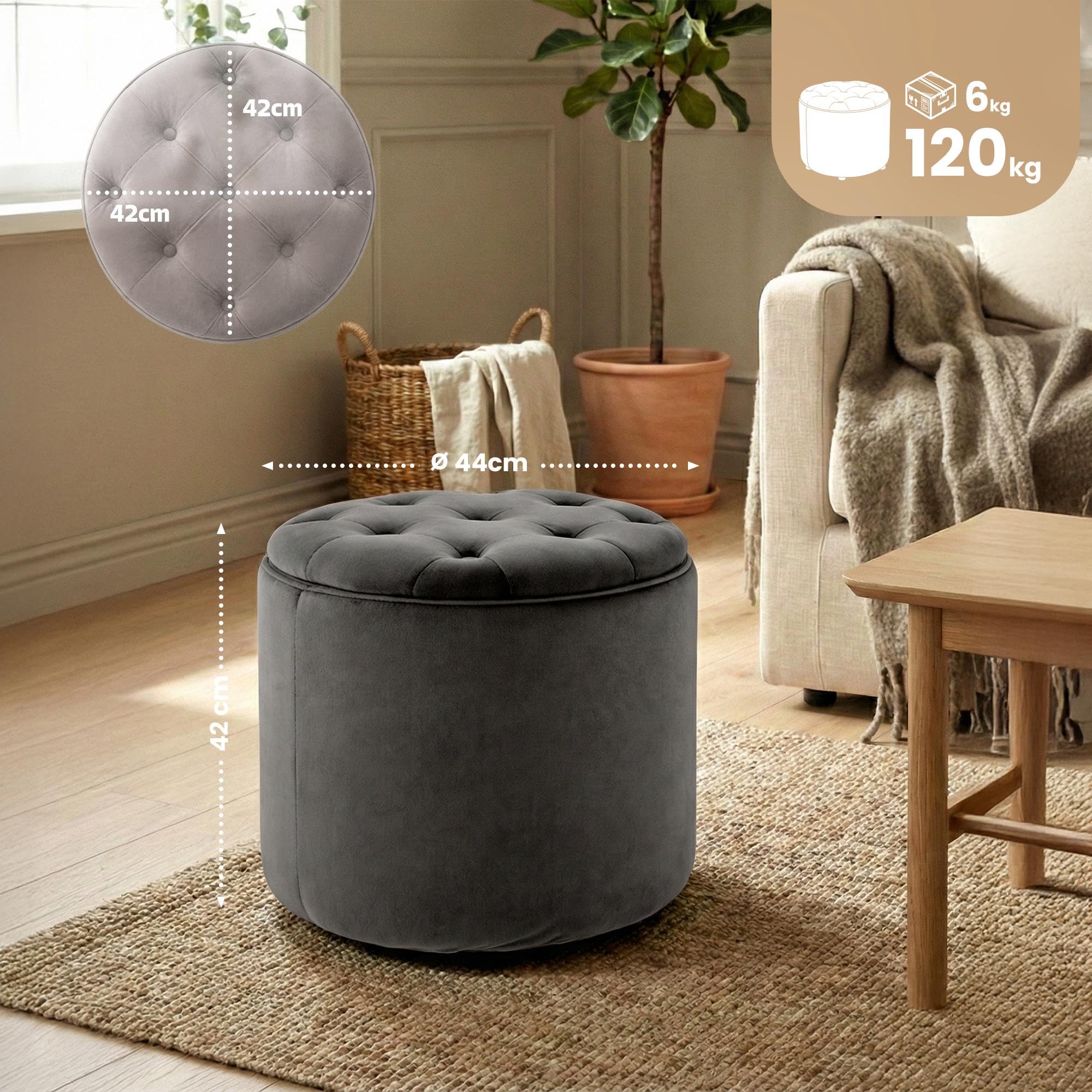 CLP Sitzhocker rund mit Stauraum Pantin, Fußhocker gepolstert mit Samtbezug, Hocker im Chesterfield Design für Wohnzimmer und Schlafzimmer Farbe grau