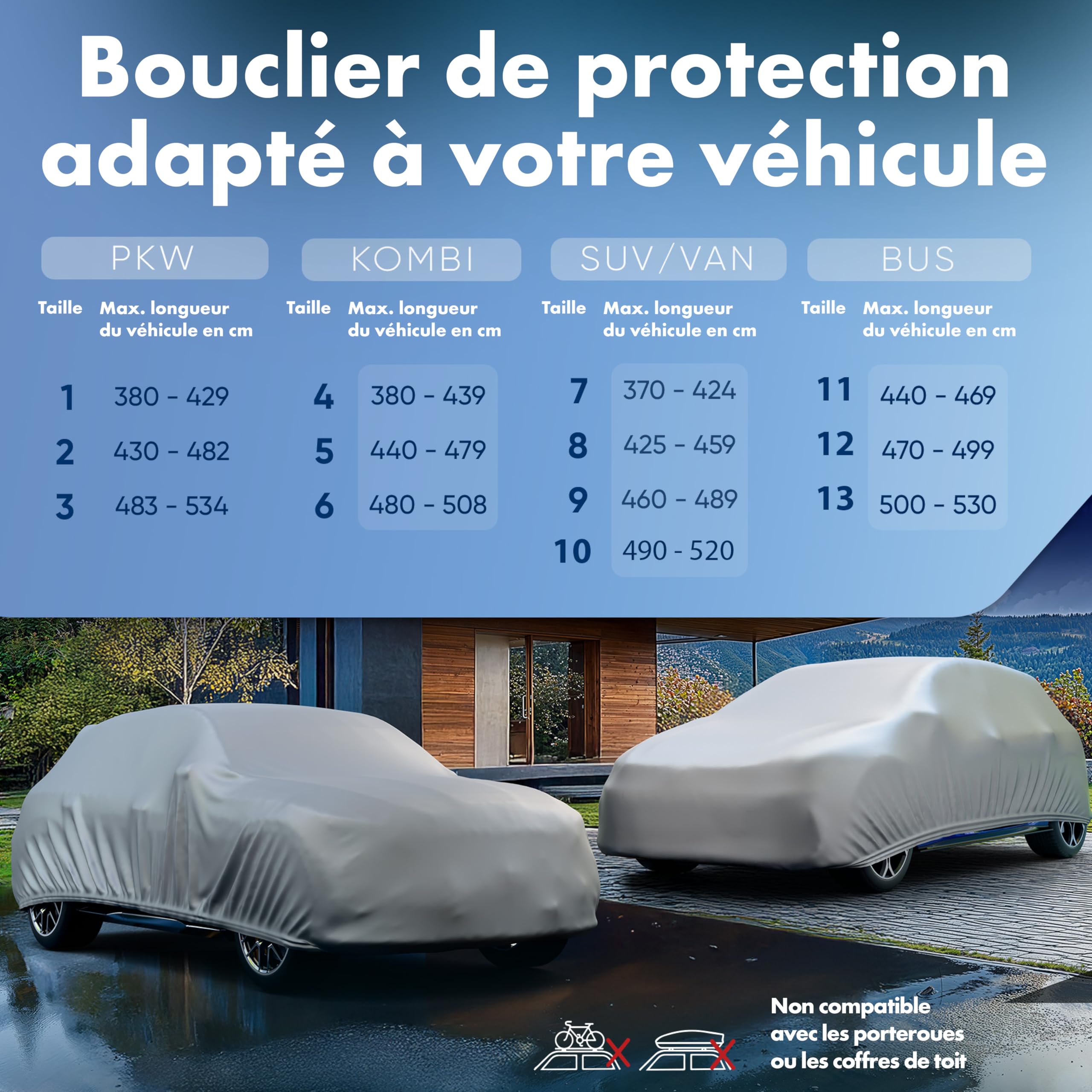 WALSER Bâche Voiture/Housse de Protection Auto Extérieure All Weather Basic - 100% Imperméable et Résistante aux Intempéries, Protection UV, Neige et Poussière, Taille 8, Argent