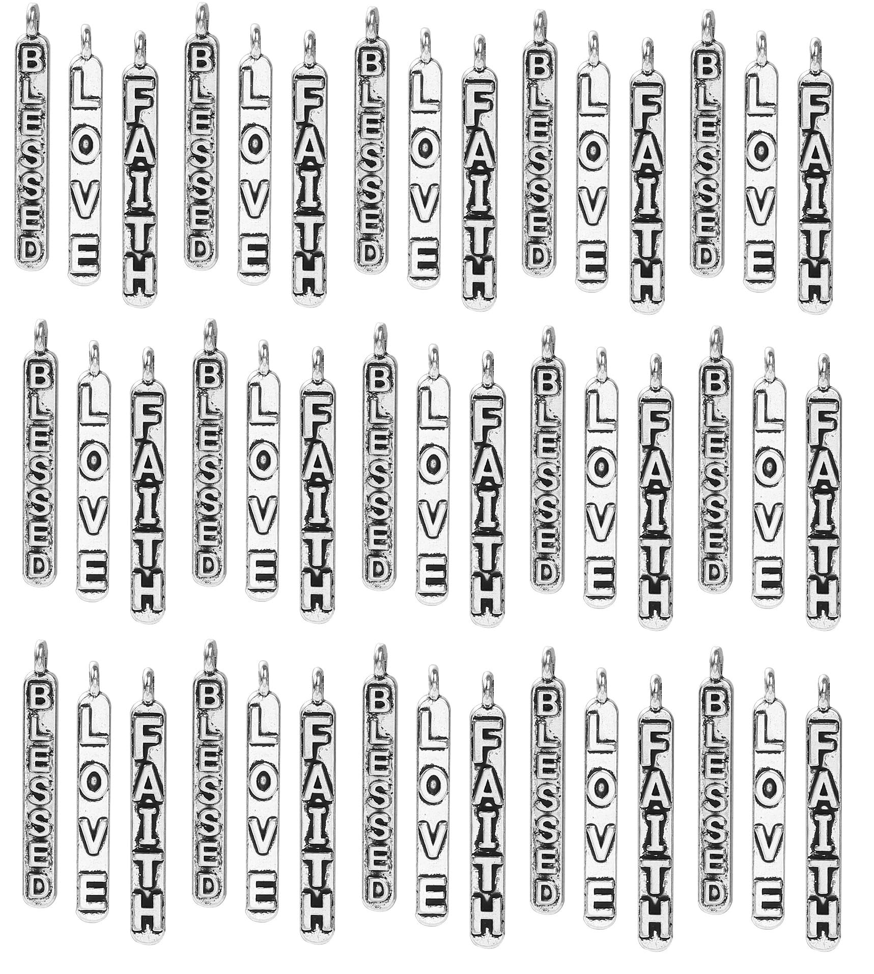 JGFinds Blessed Love Faith Message Charm Pendants, Silver Tone, 1 1/8", 144 Pack (48 of Each), Quotes DIY Charm Bracelets or Mixed Saying Keychains - Encouragement Words, Inspirational