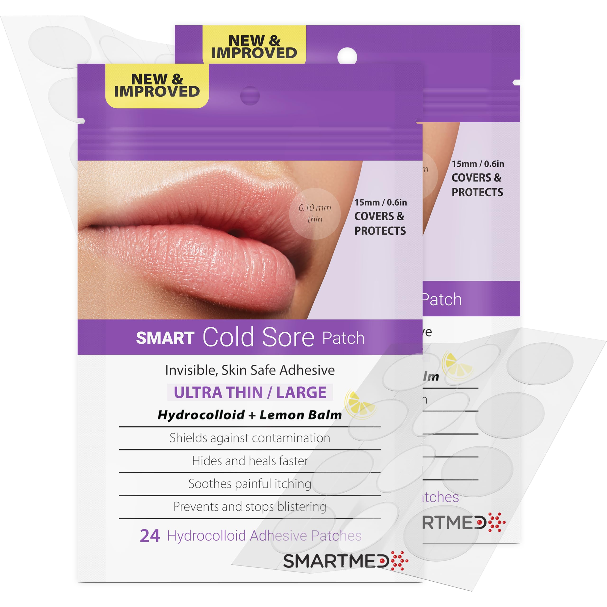 SMARTMED Smart Cold Sore Treatment Patch Large 15mm - Contains Lemon Balm - Soothe Itching & Burning - Skin Safe Adhesive (Thin with Lemon Balm 48 ct)