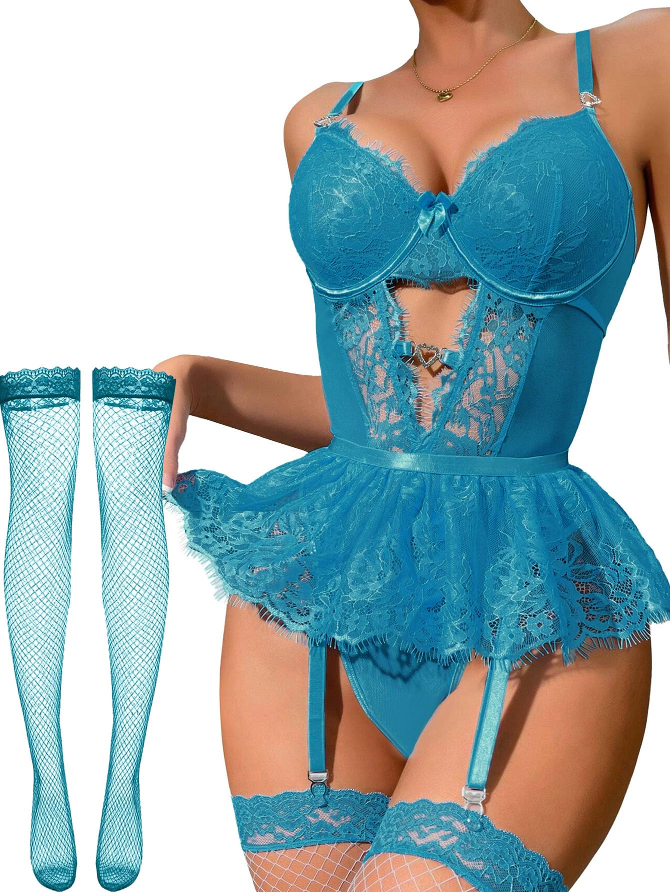 Alrovetoney Women Lingerie Set Naughty Lace Bodysuit High Waisted Underwire Lingerie Babydoll With Garter Belt and Stockings: Large Peacock Blue