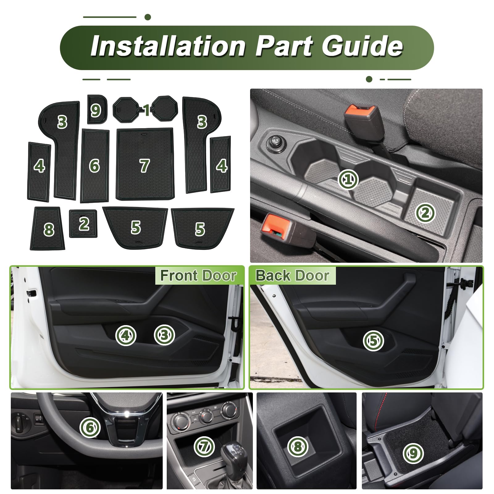 Compatibile con VW Polo MK6 2017-2025 Tappetini Antiscivolo per VW Polo Life Style R-Line Tappetini in Gomma per Console Centrale, Porta Bicchieri, Scanalatura Porta (Nero)