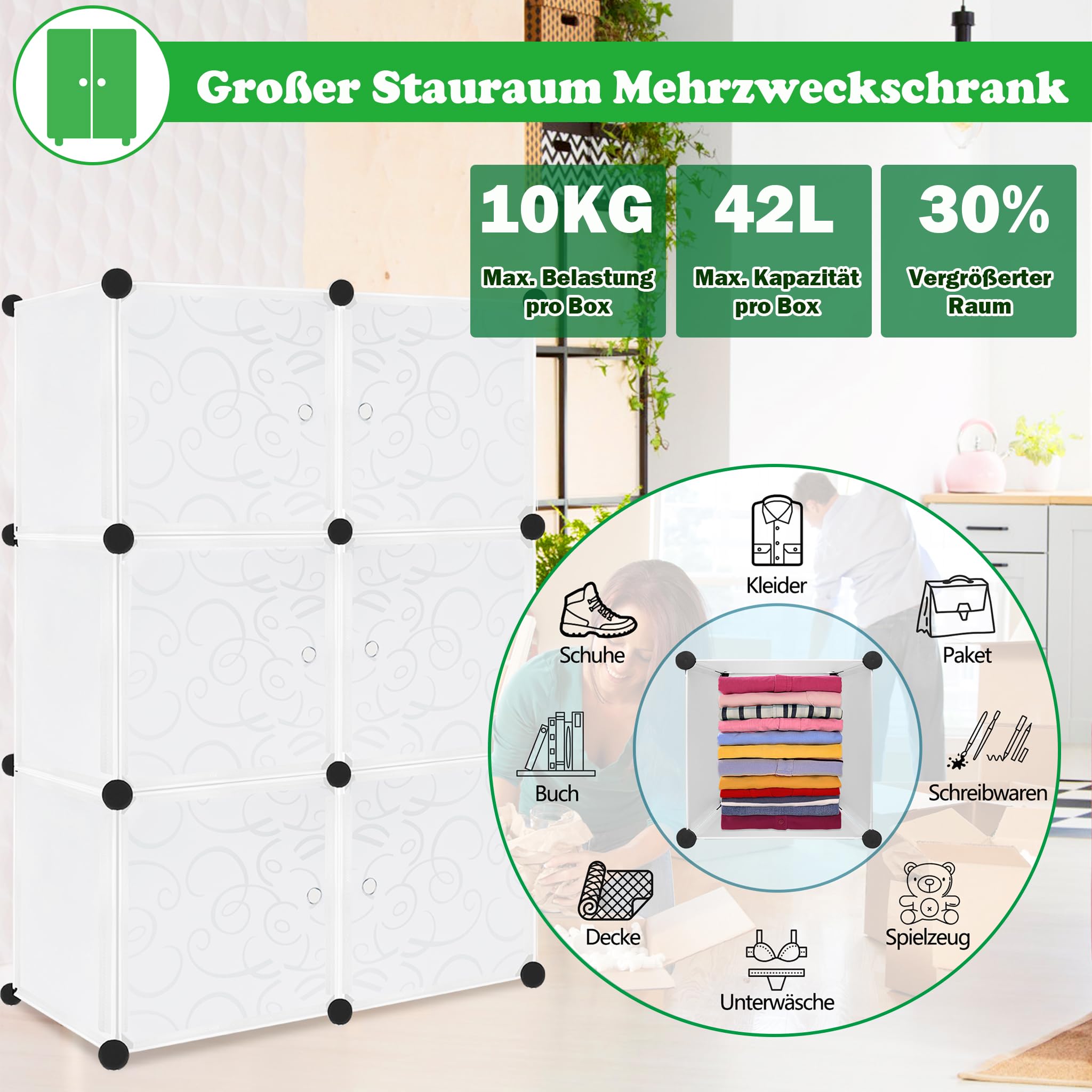 SUBTLETY Système d'étagères de penderie en plastique PP - Avec portes - 145 x 37 x 178 cm - Armoire de rangement pour vêtements, chaussures, livres, jouets (noir, 20 compartiments)