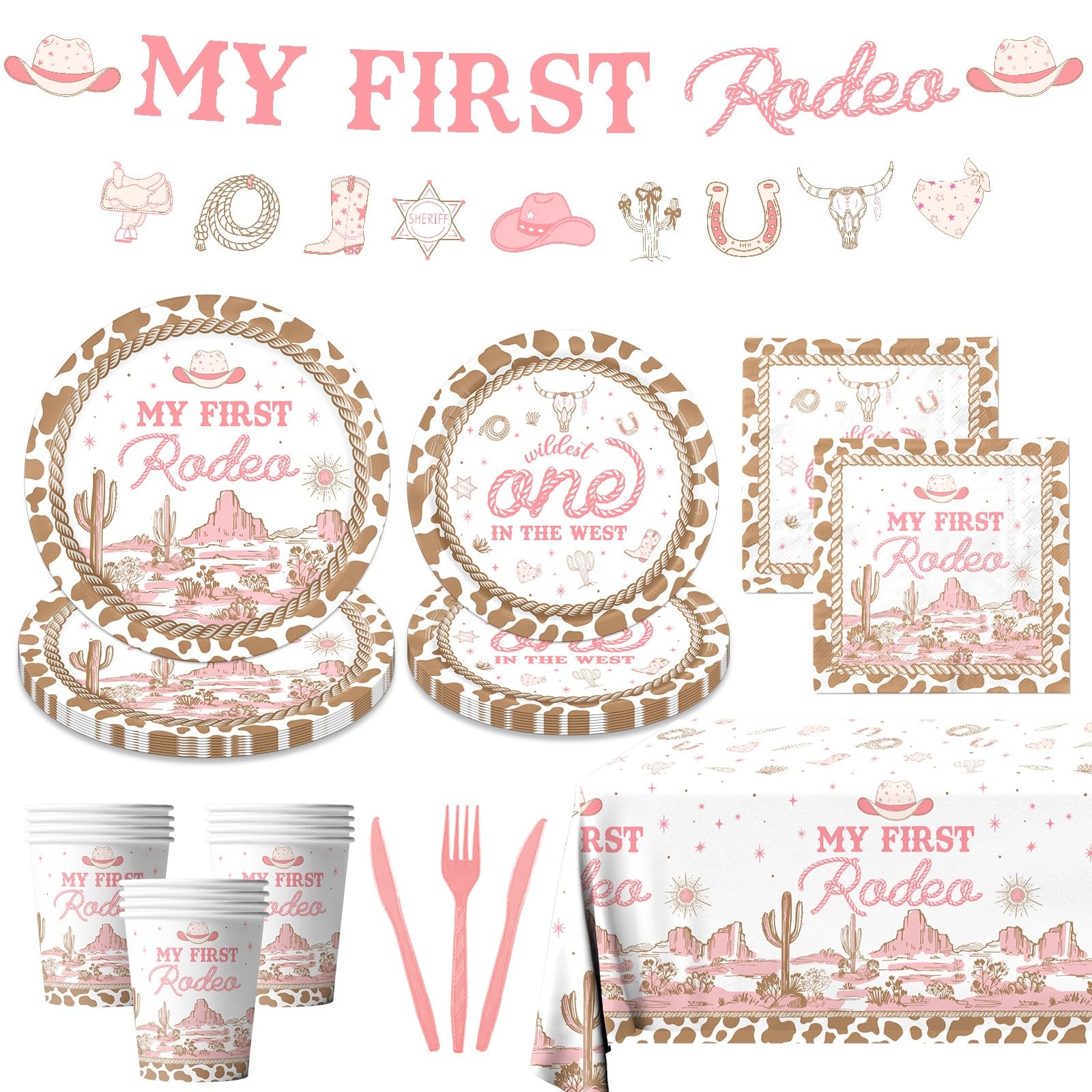 Western Cowgirl Birthday Party Decorations,142pcs My First Rodeo Theme Tableware Including Plate,Napkin, Tablecloth,Cutlery,Cup,and Baby Shower Decor