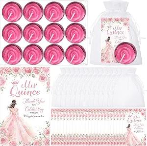 48 Sets Quinceanera Party Favors for Guests Quinceanera Candles Thank You Card Organza Bags Quinceanera Gifts for Girl Princess Sweet 15th Birthday Decorations