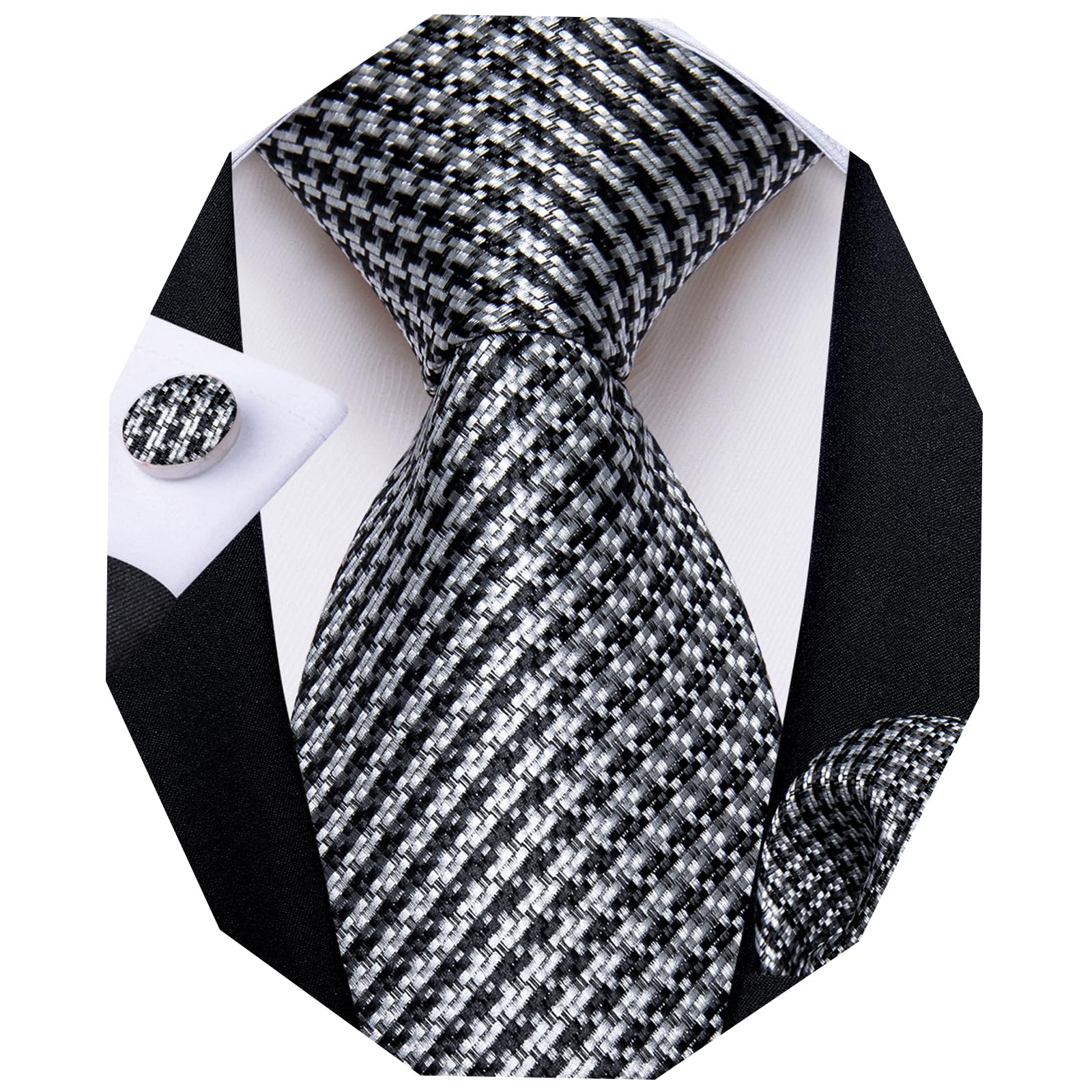 DiBanGu Mens White Black Plaid Tie Classic Checkered Necktie with Pocket Square Cufflinks Formal Business