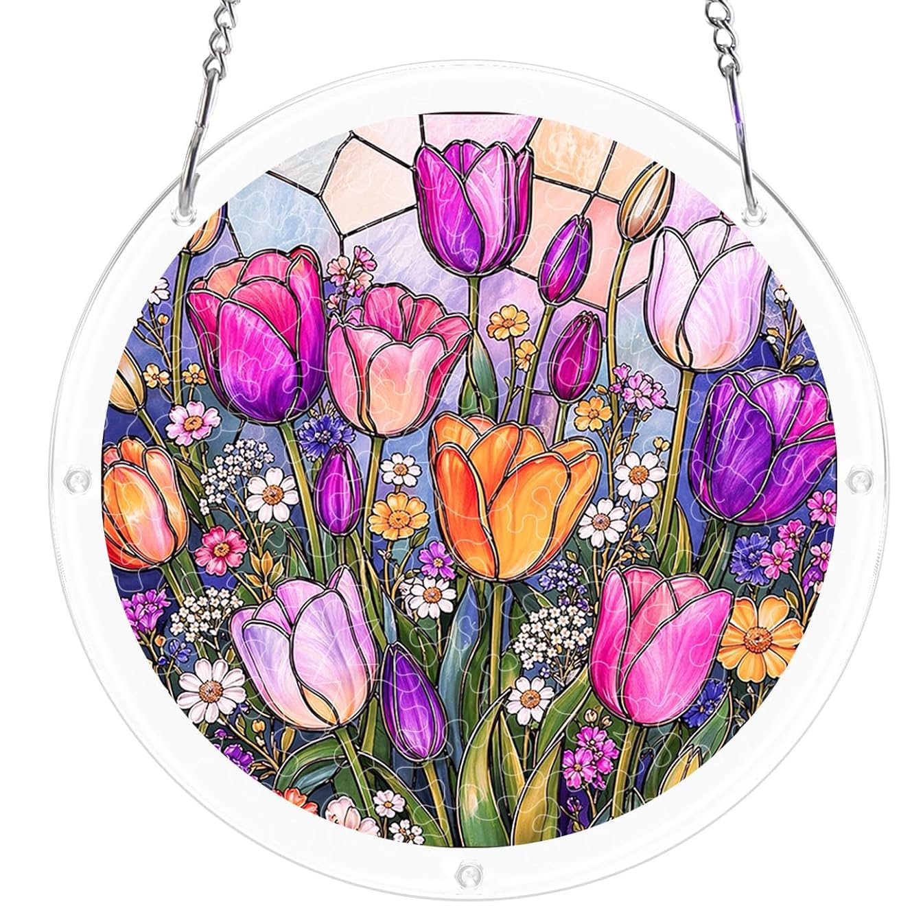 Tulip Garden- Acrylic Jigsaw Puzzles Suncatcher, 8.2 Inch Window Hanging Suncatcher Acrylic Puzzle, DIY Home Decor Art Gift
