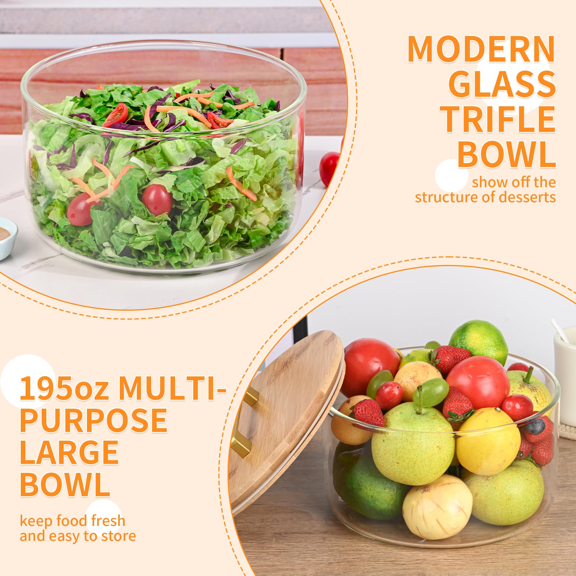 Cuenco grande de vidrio de 5,528.2 g, cuenco grande de 9.8 pulgadas con tapa, cuenco de vidrio transparente para servir ensalada para colocar pasteles de helado, cupcakes, ensaladas, frutas,