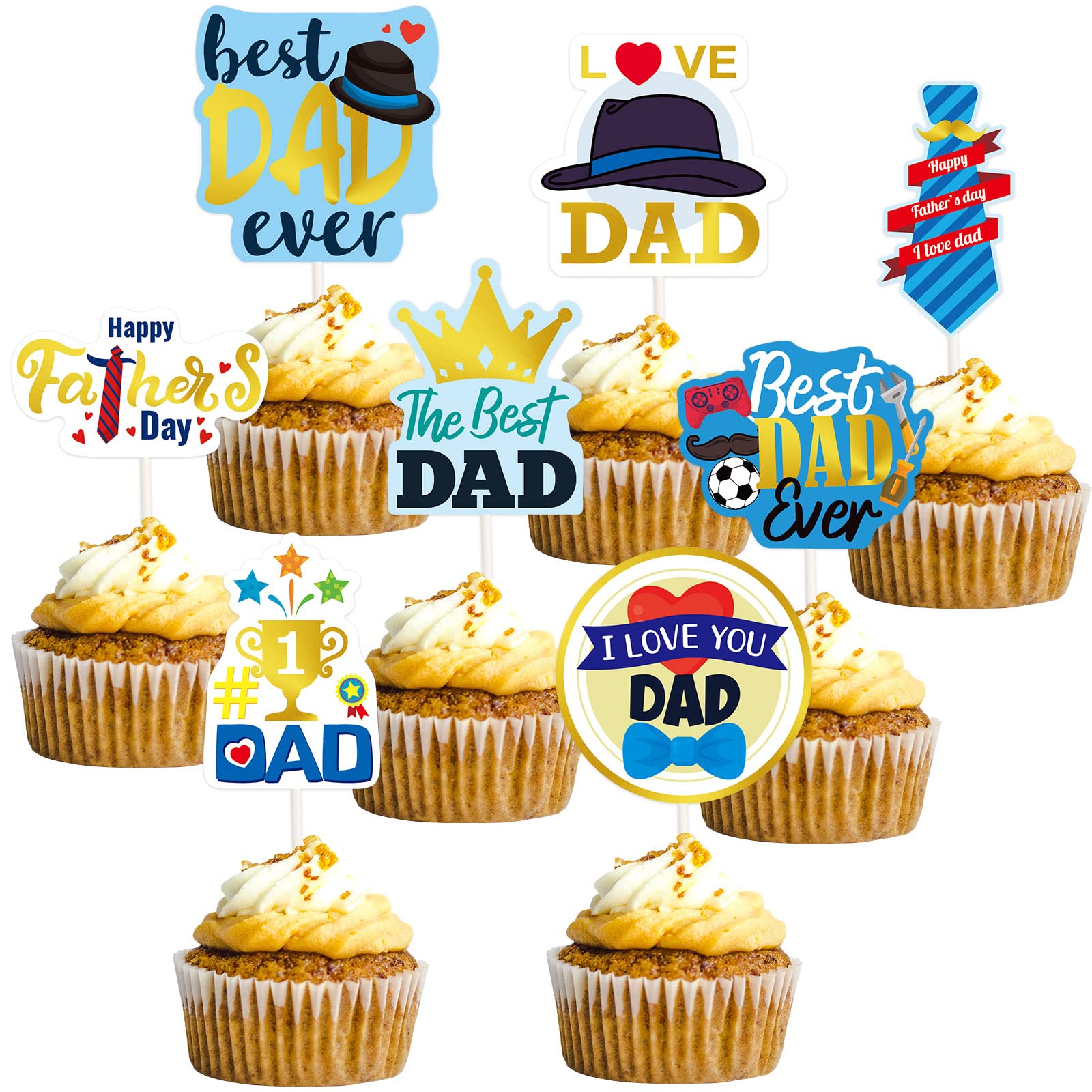 48pcs Father's Day Cupcake Toppers Gold Foil Best Dad Ever Birthday Cake Toppers Picks Happy Fathers Day Cack Decorations Party Supplies