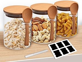 Gigmeta Lot de 3 bocaux de conservation en verre avec couvercle et cuillère - 540 ml - Avec couvercle en bambou - Hermétiques - Pour la cuisine