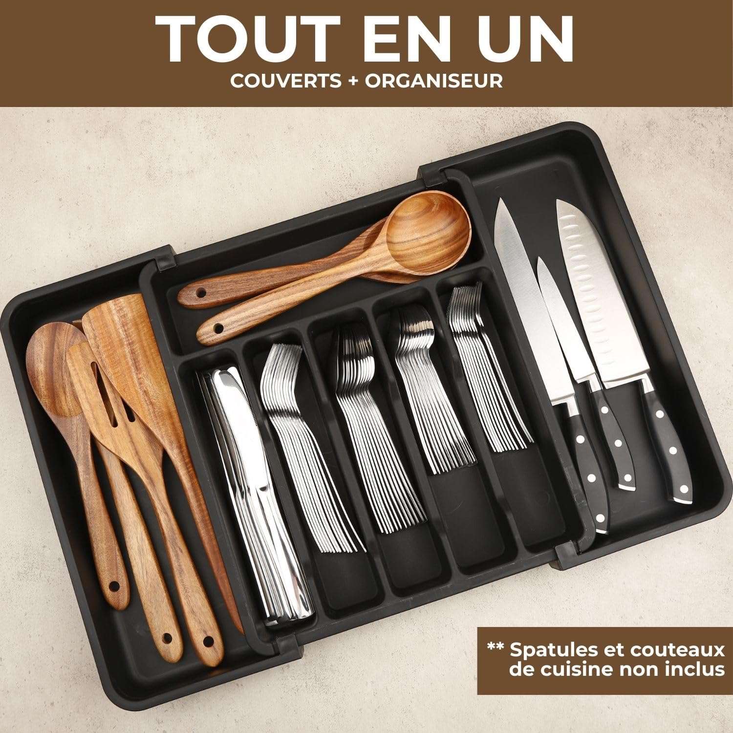 Set couverts de table 6 personnes (30 pièces) avec range couverts pour tiroir. set de couvert de table inox pour cuisine. Lot couvert de table avec rangement tiroir cuisine extensible (60 pièces)