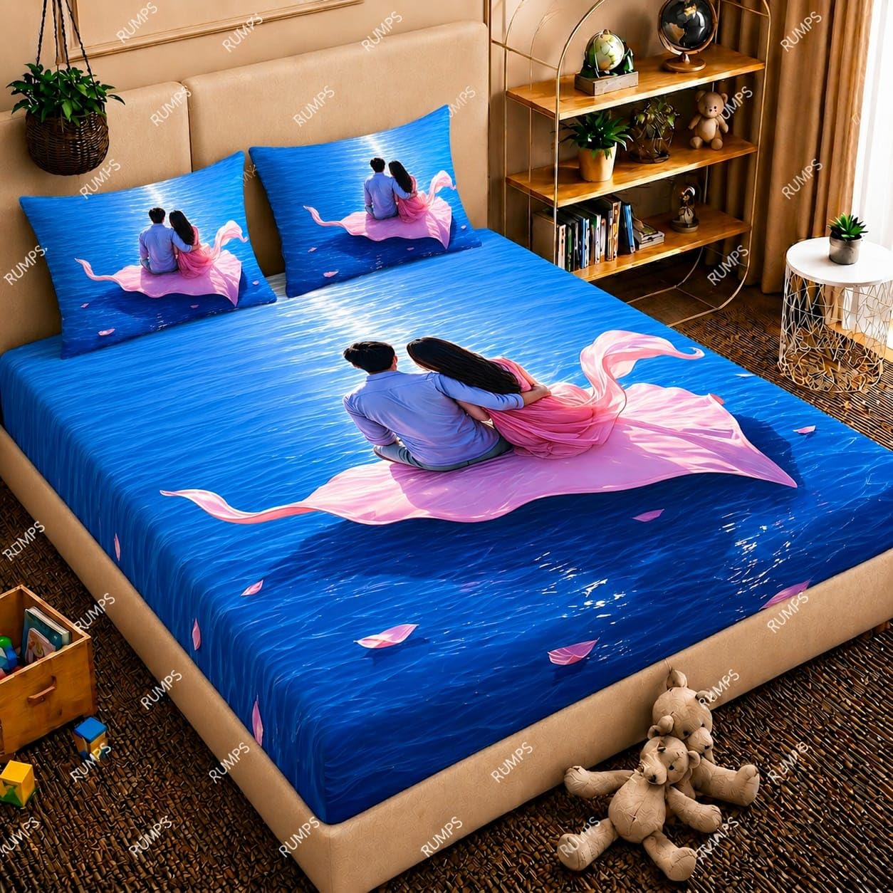 RUMPS 7D Romantic Couple Printed Flat Bedsheet King Size 90x100 Inch with 2 Pillow Covers 16x26 Inch | Soft Microfiber Double Bedsheet | Luxury 7D Digital Bedshee