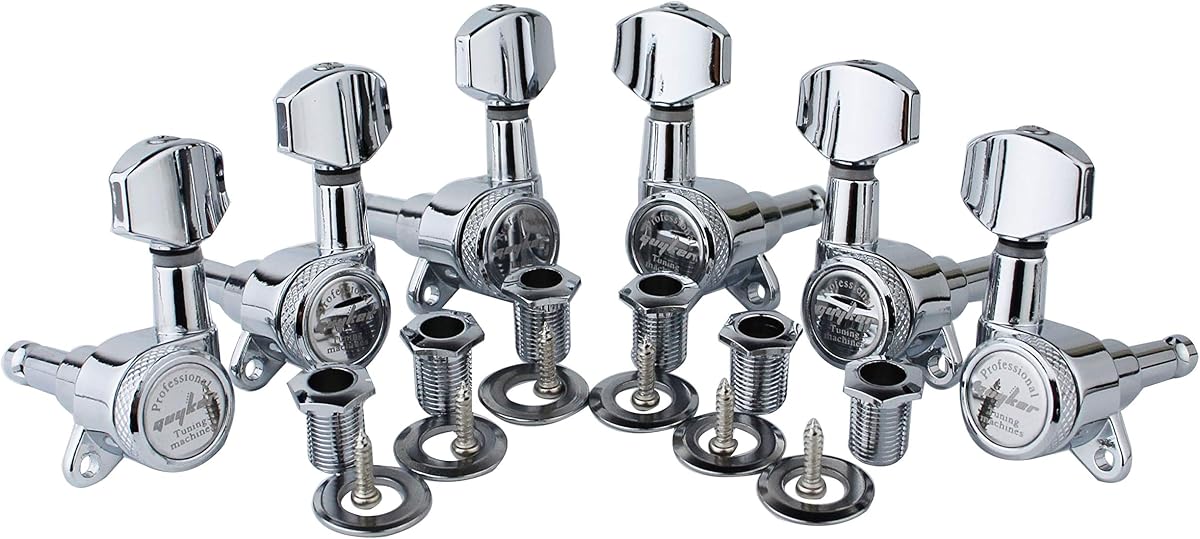 Guitar Locking Tuners (3L + 3R Handed) - 1:18 Lock String Tuning Key Pegs Machine Head with Hexagonal Handle Replacement for ST TL SG LP Style Electric, Folk or Acoustic Guitars - Chrome