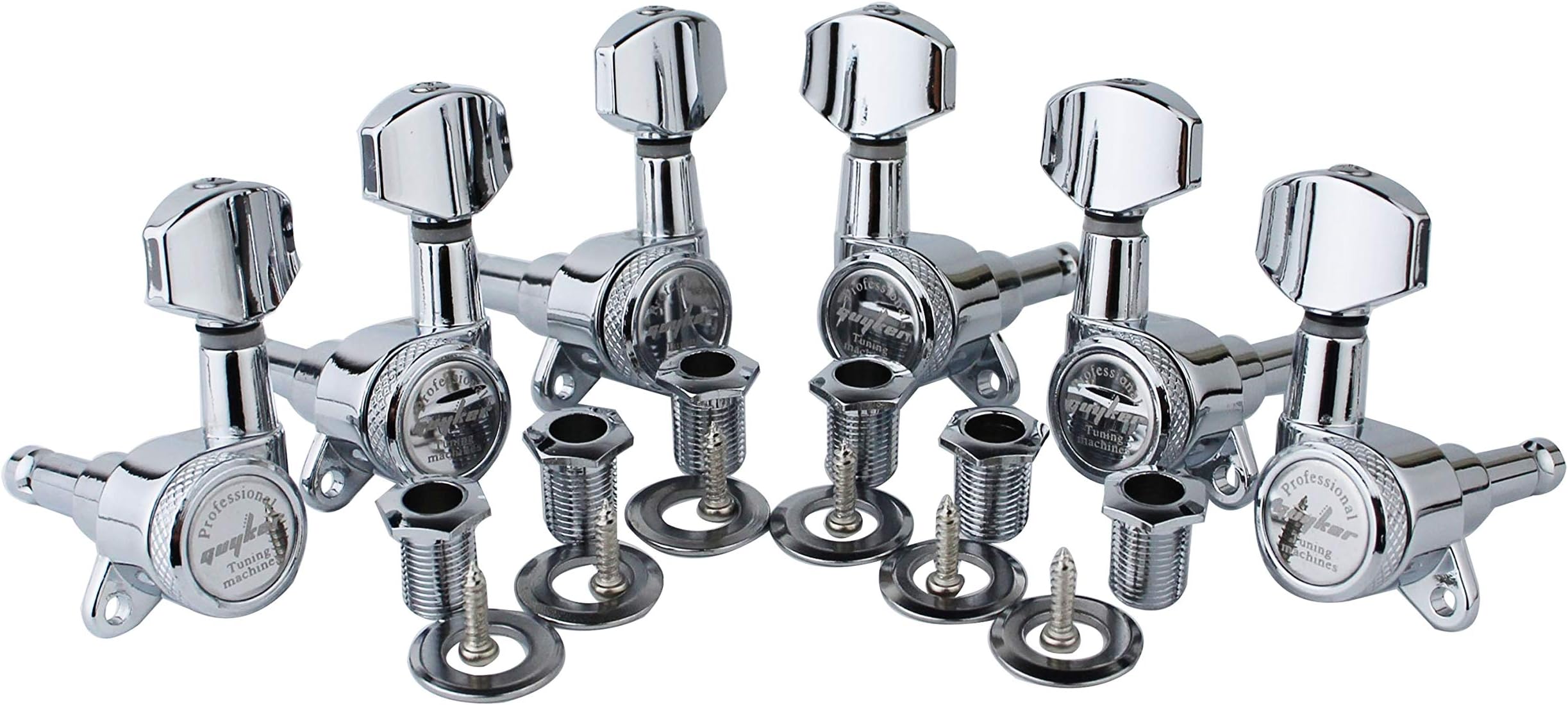 Guyker Guitar Locking Tuners (3L + 3R Handed) - 1:18 Lock String Tuning Key Pegs Machine Head with Hexagonal Handle Replacement for ST TL SG LP Style Electric, Folk or Acoustic Guitars - Chrome