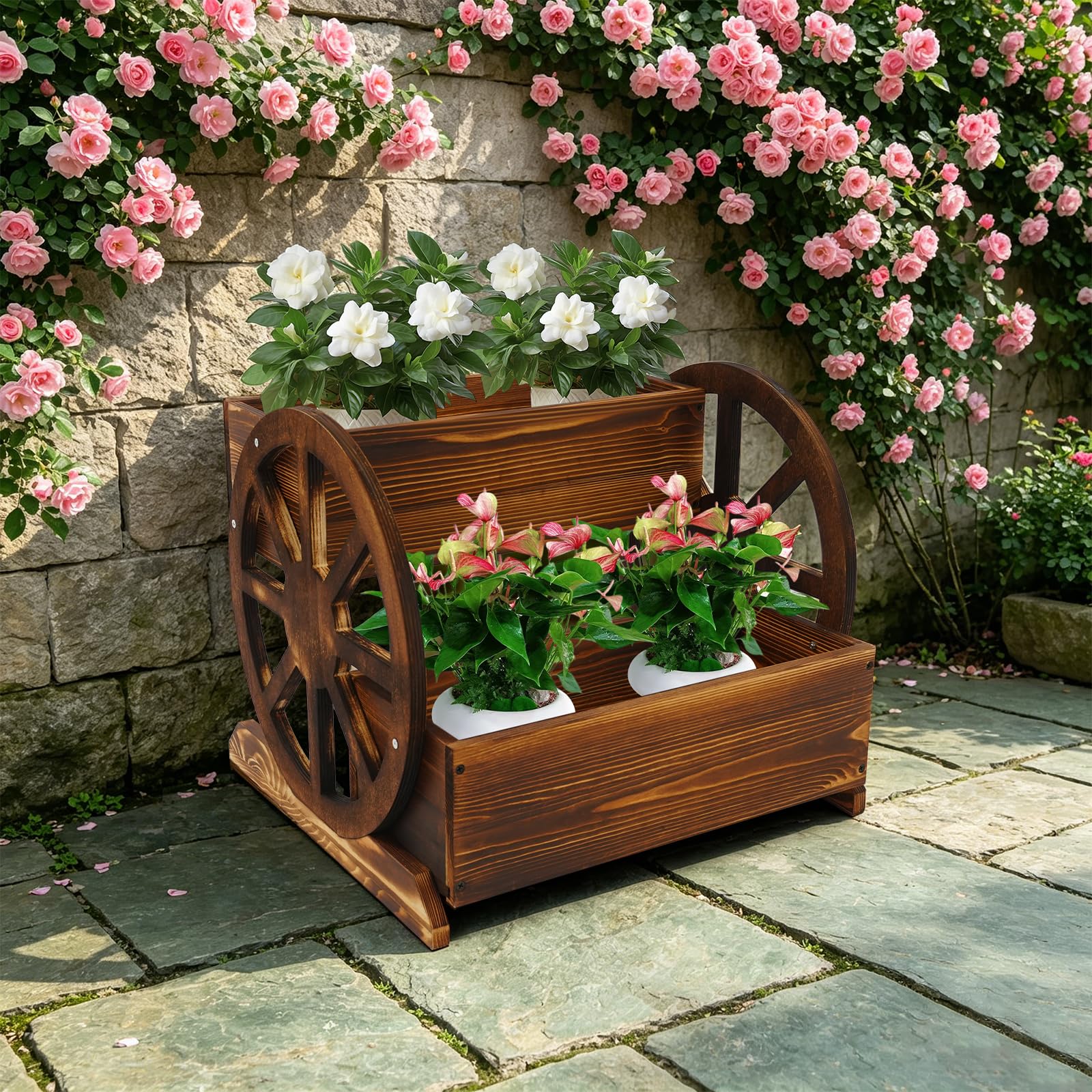 Blumenkasten Holz mit Wagenrad, Pflanzkasten mit Abflussloch