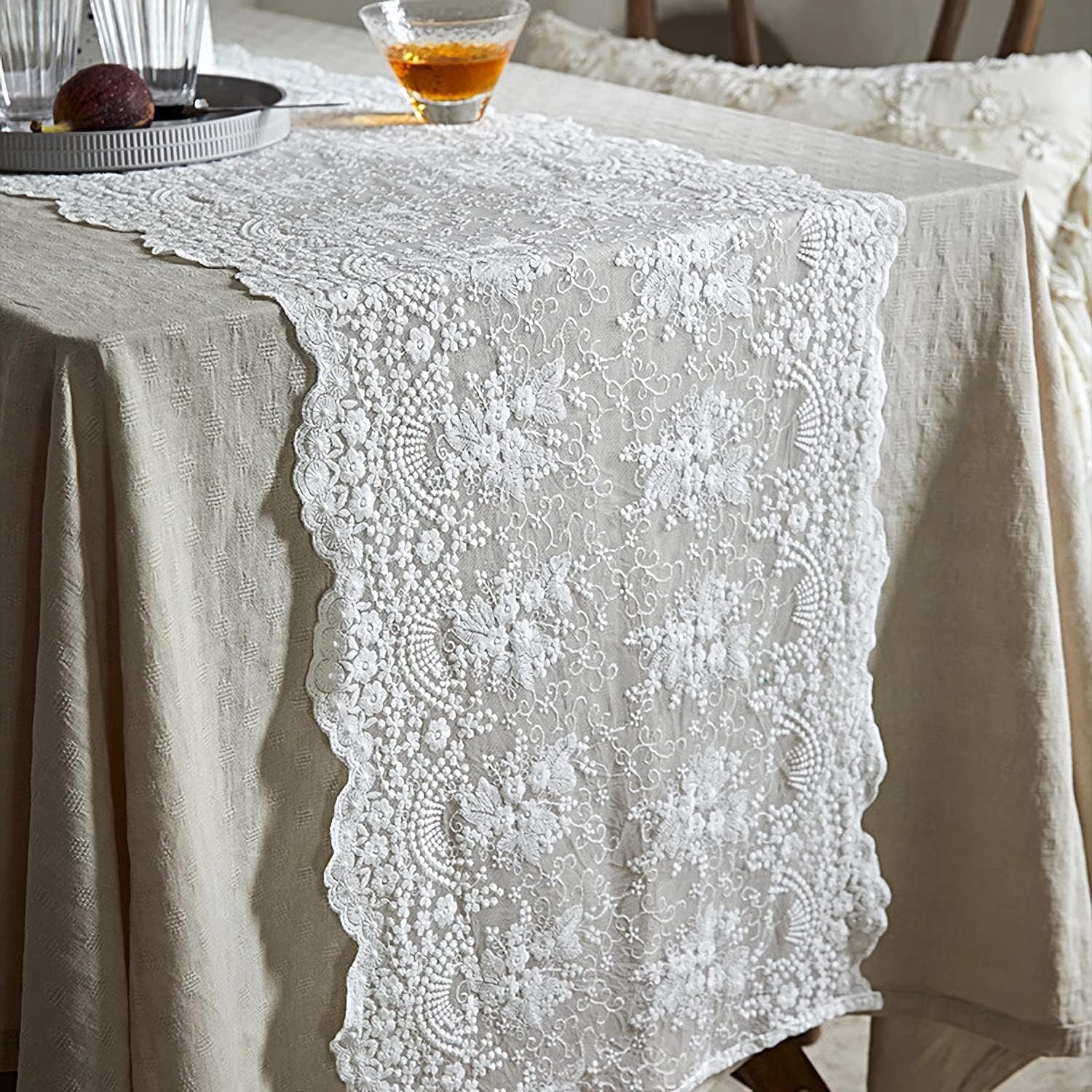 White Lace Table Runner-Vintage Embroidered Flower Table Runners Lace Doilies Dresser Scarf, Fancy Table Decoration for Christmas Dinning Table Wedding Party Baby Shower, 16"x 90"