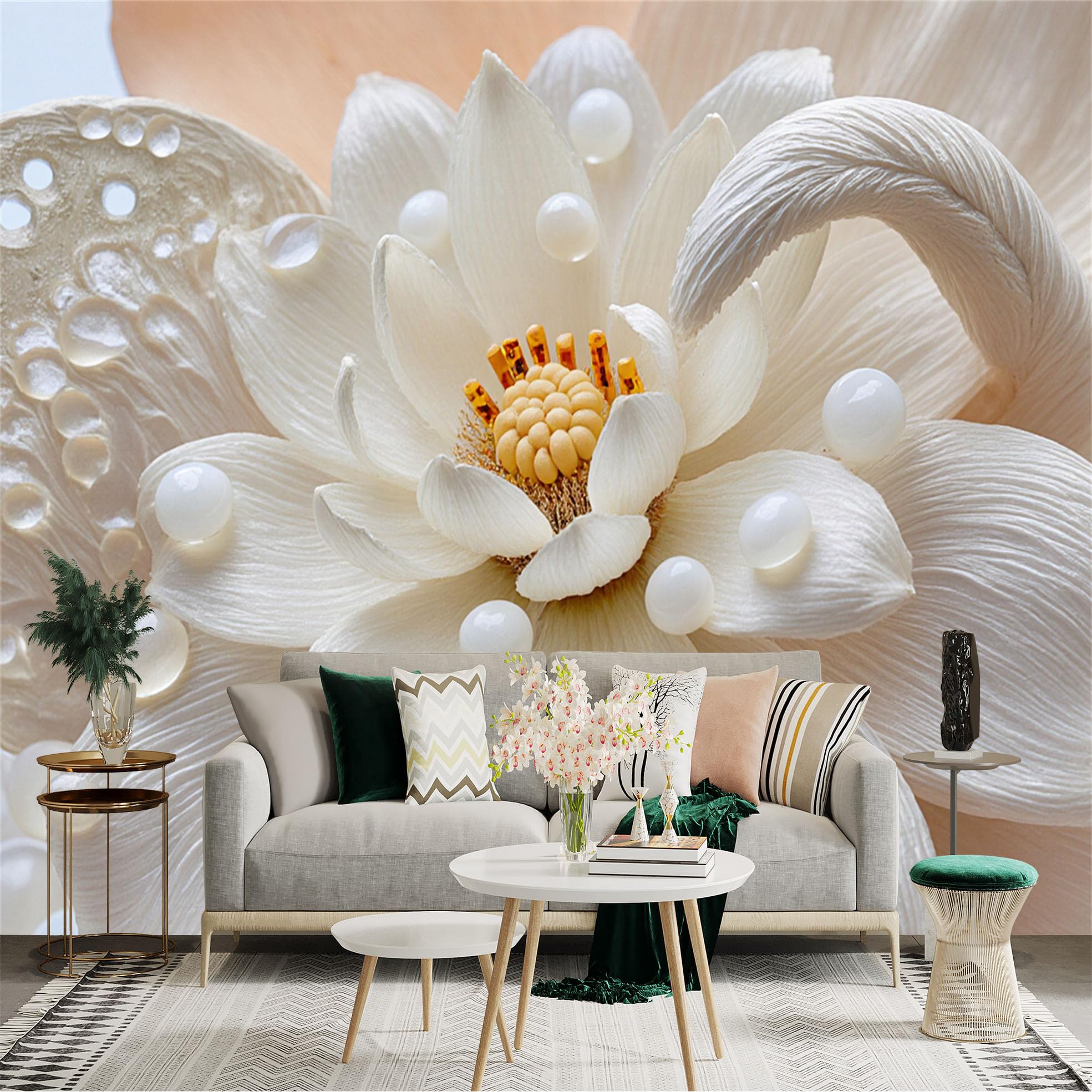 Custom Size Wall Sticker Mural， Elegant White Lotus Flower with Soft Water Drops， Serene Floral Art， for wall Decoration， peelandstick wall Decals.