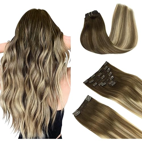 Clip in Human Hair Extensions, Balayage Walnut Brown to Ash Brown and Bleach Blonde 150g 9pcs 16 Inch, DOORES Real Hair Extensions Clip in Natural Hair Extensions Thick Straight Hair Extensions