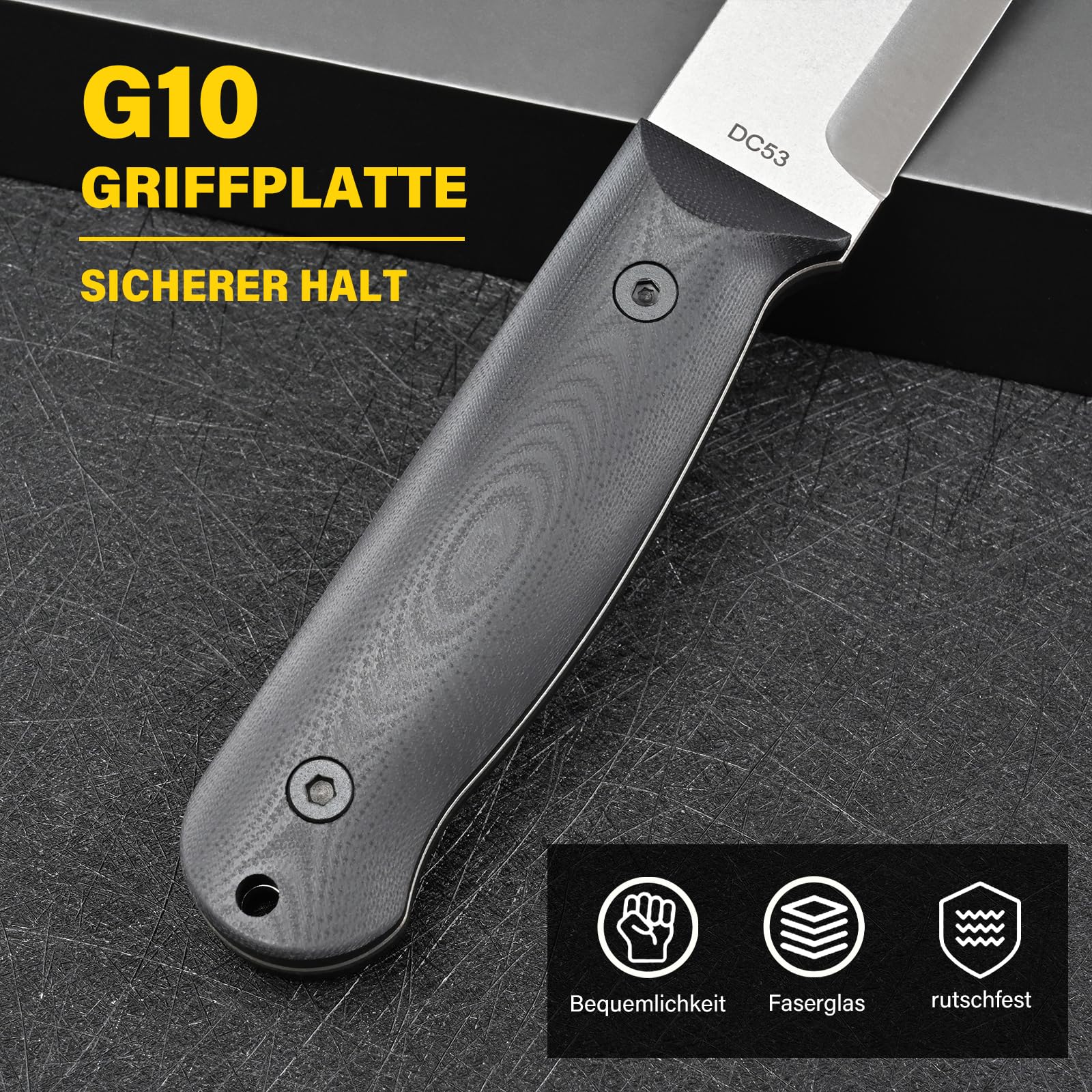 Jagdmesser mit Feststehender Klinge – Outdoor Messer für Männer, EDC, Camping, Angeln & Bushcraft, DC53 Stahl Micarta Griff (Weiß/schwarz G10)