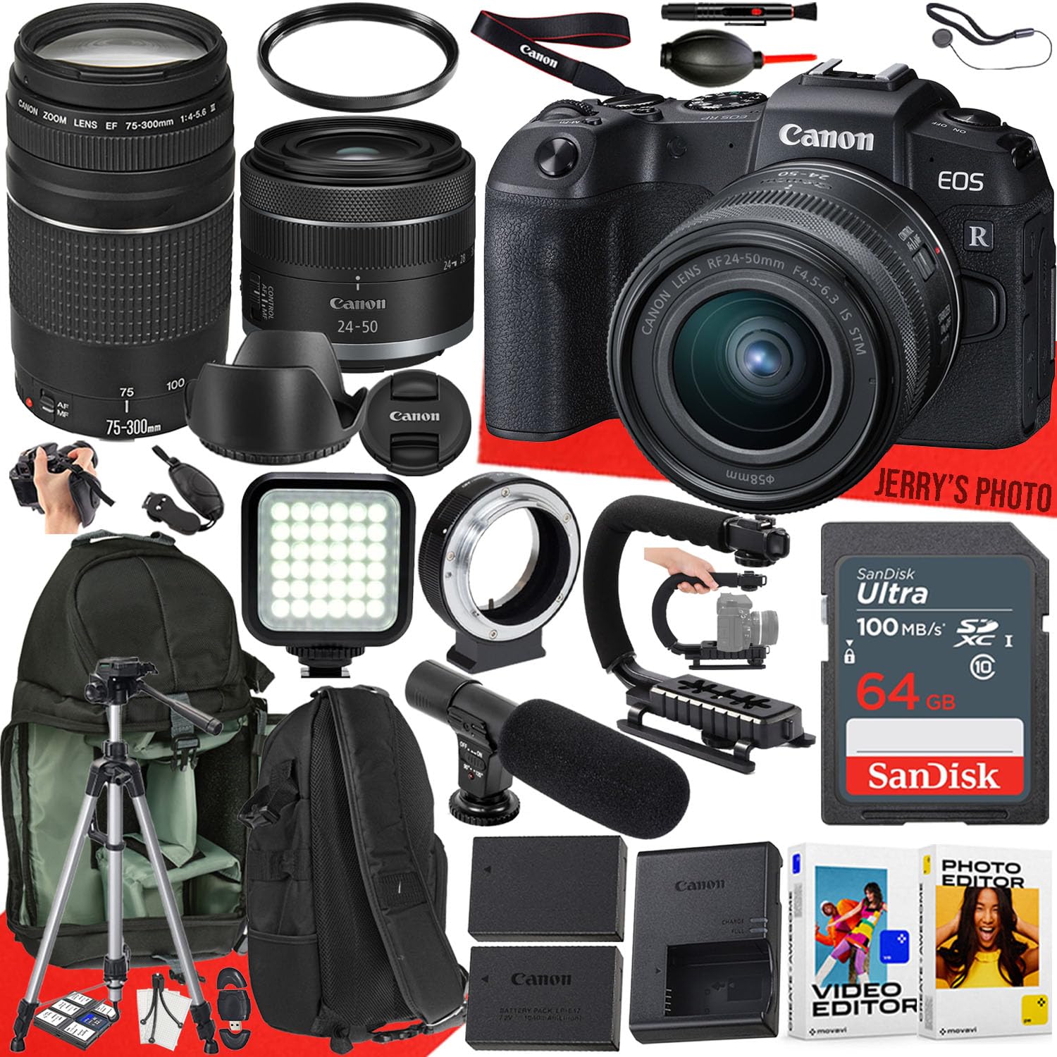Canon EOS RP Mirrorless Camera with RF 24-50mm f/4.5-6.3 is STM and EF 75-300mm f/4-5.6 III Lens + 64 GB Memory + Video LED Light + Mic + Mount Adapter for Canon R + More (30pc Bundle) (Renewed)