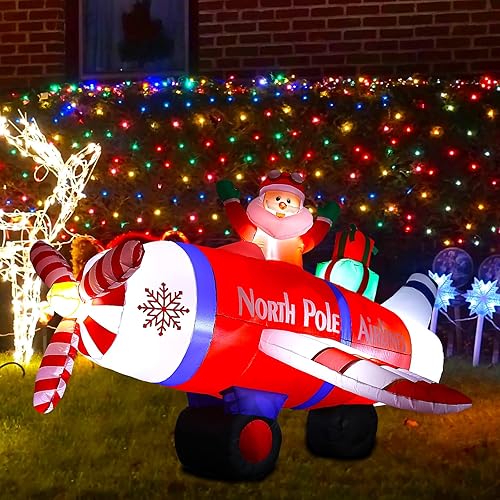 Miniatura 3 de Inflables de Navidad de 8 pies, decoraciones al aire libre, avión polar volador gigante de Papá Noel con regalos, decoraciones inflables iluminadas