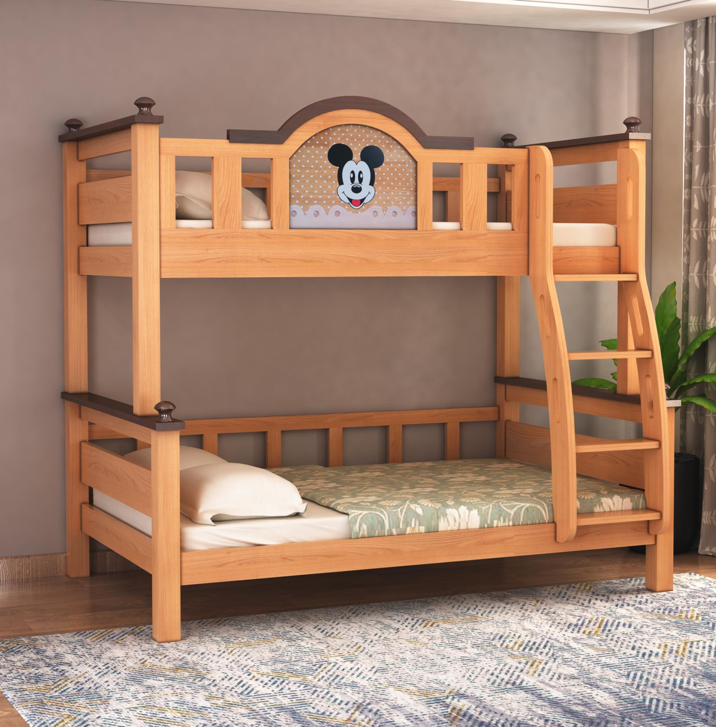 Furniva Luxury Series Designer Kids Bunk Bed | Highly Durable Solid Oak Wood | Sturdy & Safe Wooden Bunk Bed for Kids Bedroom | 2 Year Warranty - Cartoon Designer