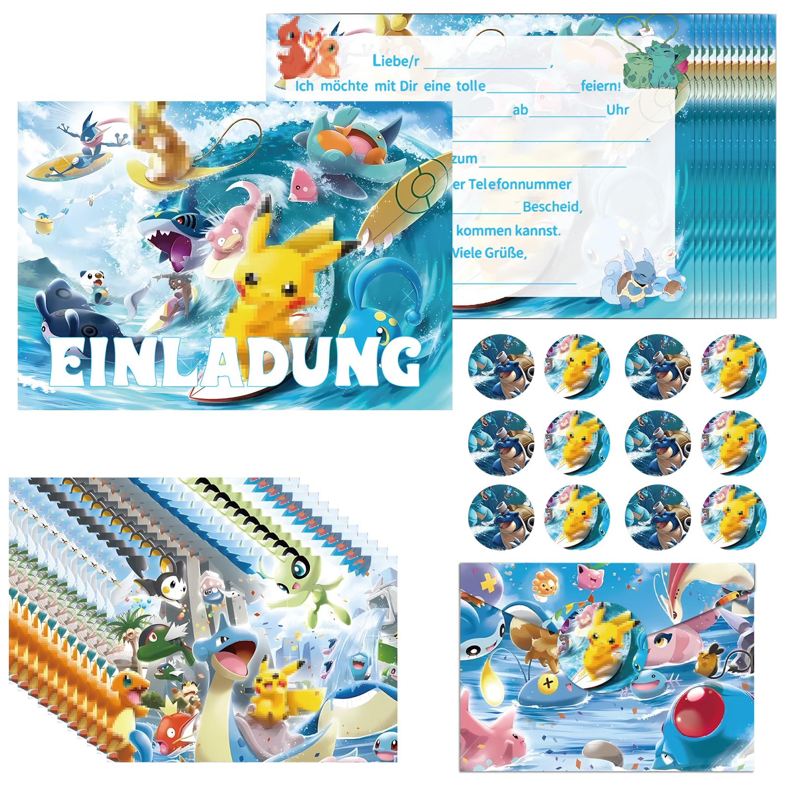 GOACRS Einladungskarten Kindergeburtstag Jungen Mädchen, 12pcs Geburtstag Einladungen auf Deutsch, Partyeinladungen mit Umschlägen und Runden Aufklebern, Cartoon Anime Einladung Set für Kinder Party