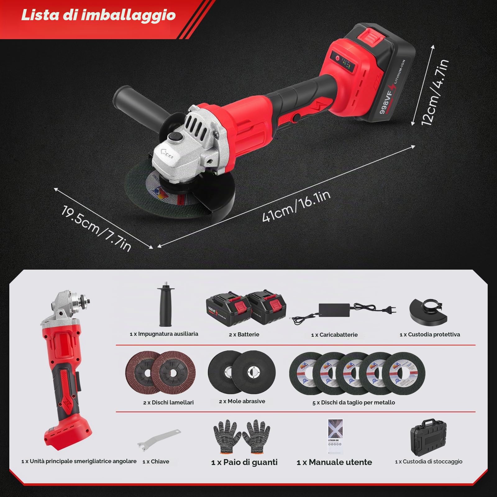 Smerigliatrice Angolare a Batteria 21V, 125mm Smerigliatrice angolare senza fil con 2 batterie 3.0Ah, 13500 RPM, 3 Velocità con ruote da taglio, levigatrice lamellare per taglio e macinazione