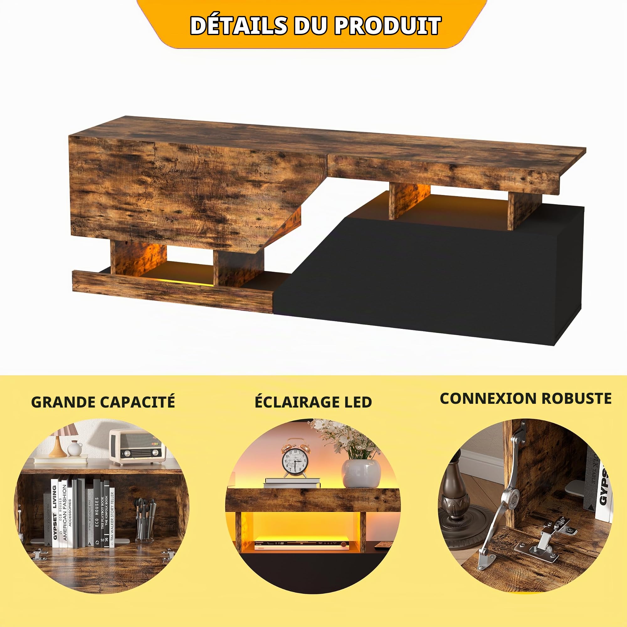 Meuble TV pour Télévision jusqu'à 65 Pouces Banc TV LED Armoire de Télévision avec ouverture sans poignée 2 volets/portes Meuble Télé de Salon Lowboard pour Téléviseur Salon, Salle à Manger, Chambre